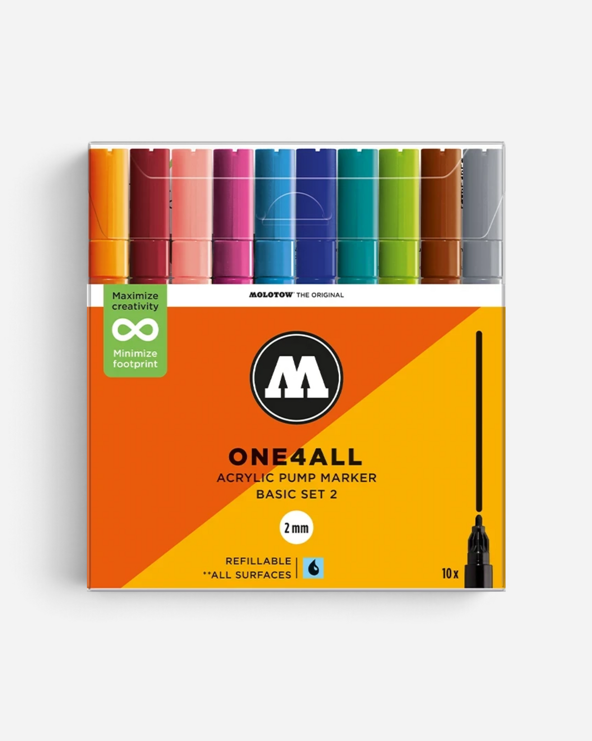 Astrofat Molotow One4All 2mm acrylic marker set with 10 vibrant assorted colours in a clear display box