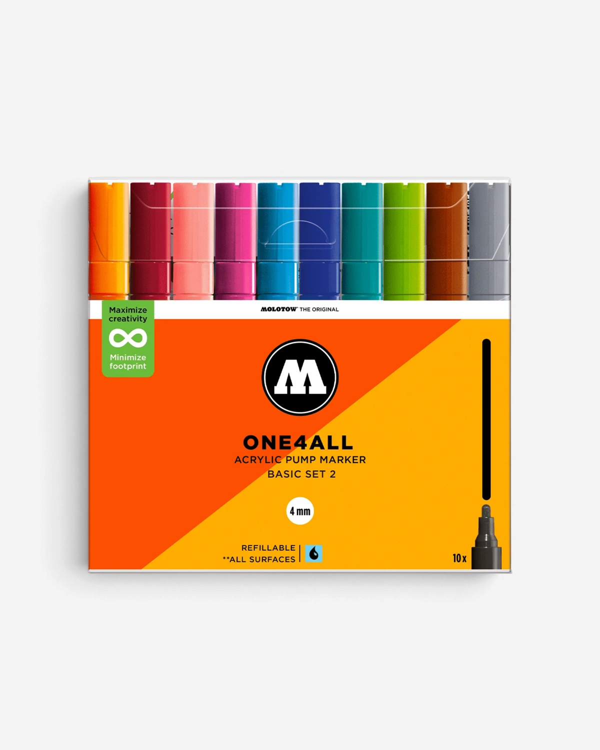 Astrofat Molotow One4All 4mm acrylic marker set featuring 10 vibrant, refillable paint pens in a display box.