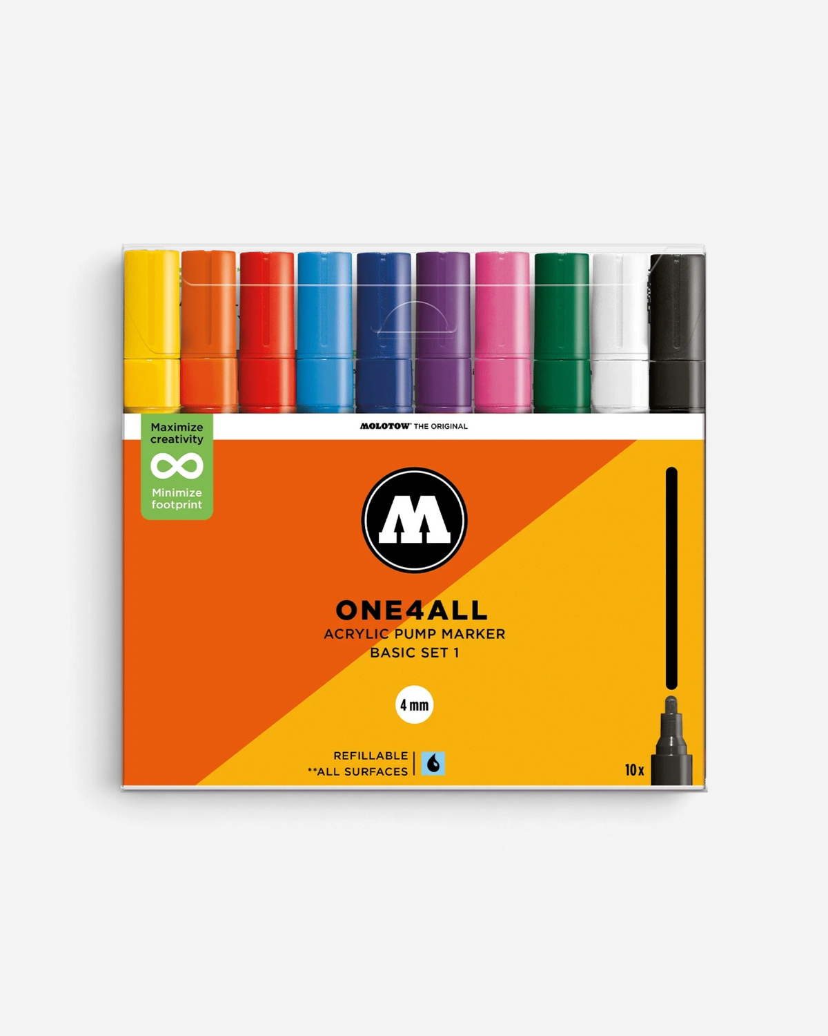 Astrofat Molotow One4All 4mm acrylic marker set containing 10 vibrant refillable paint pens in a clear plastic case.