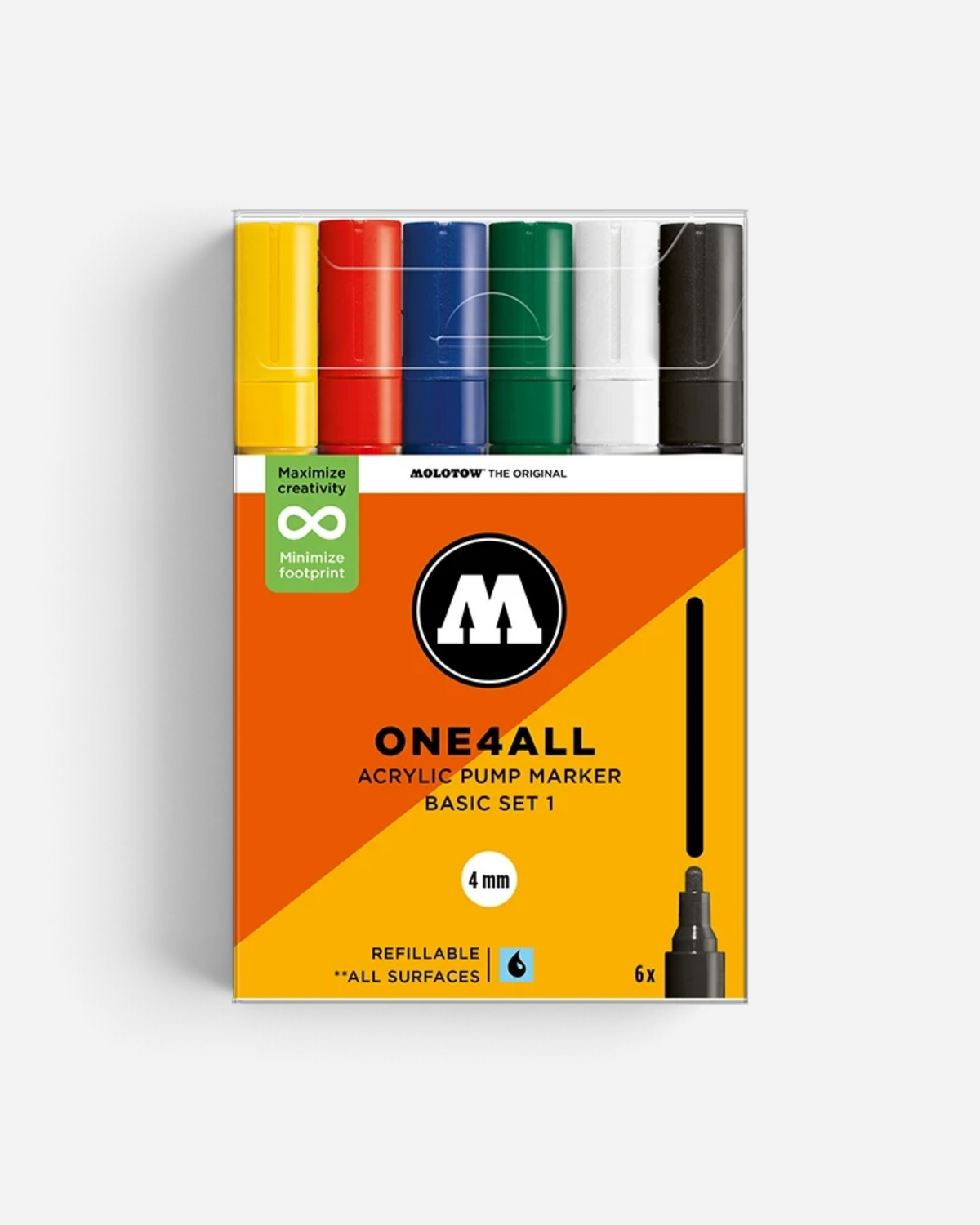 Astrofat Molotow One4All acrylic marker basic set 1 with six 4mm refillable paint pens in assorted primary colors