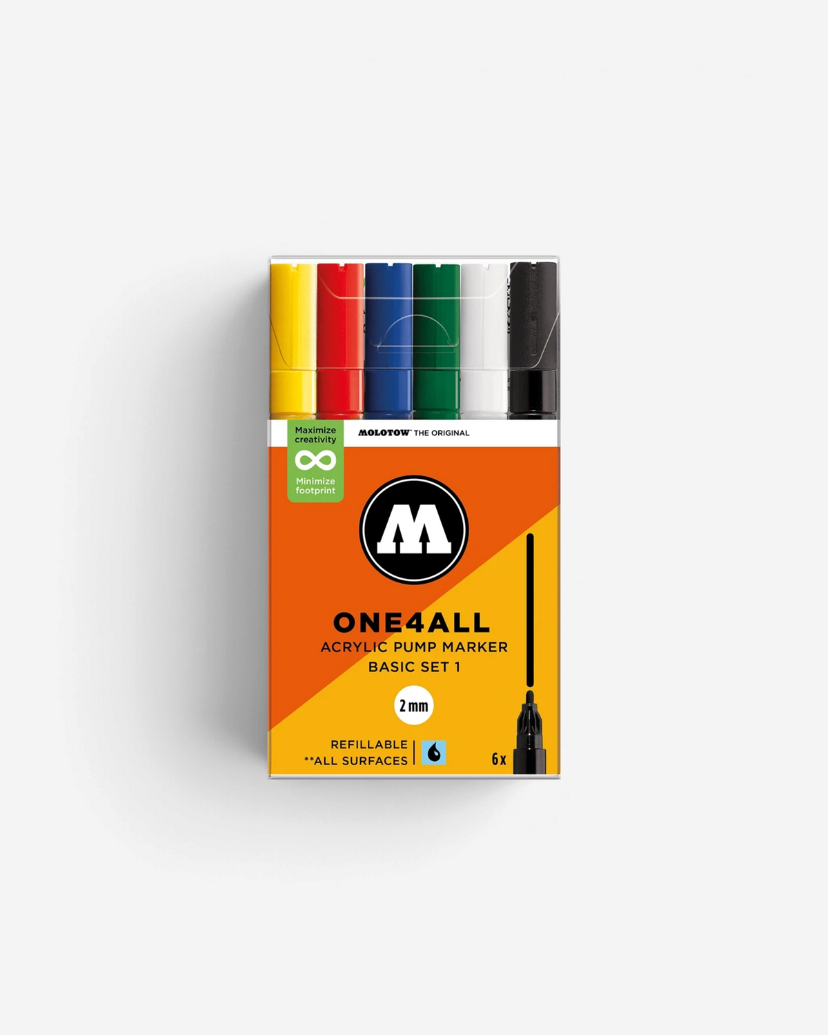 Astrofat Molotow One4All 2mm acrylic marker set featuring 6 vibrant, refillable paint pens for various surfaces.