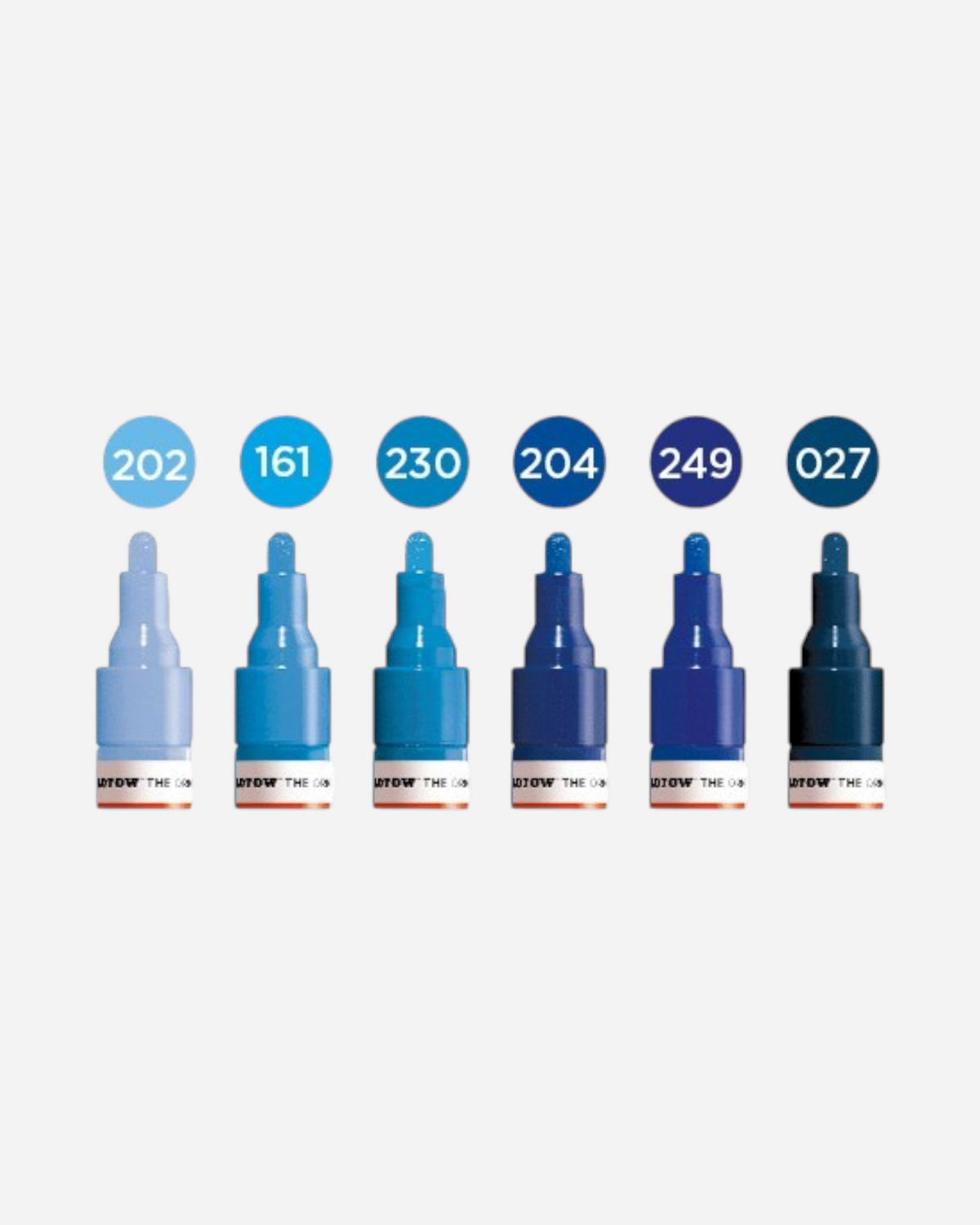 Astrofat Molotow One4All acrylic marker set featuring six shades of blue with 2mm round tips for various surfaces.