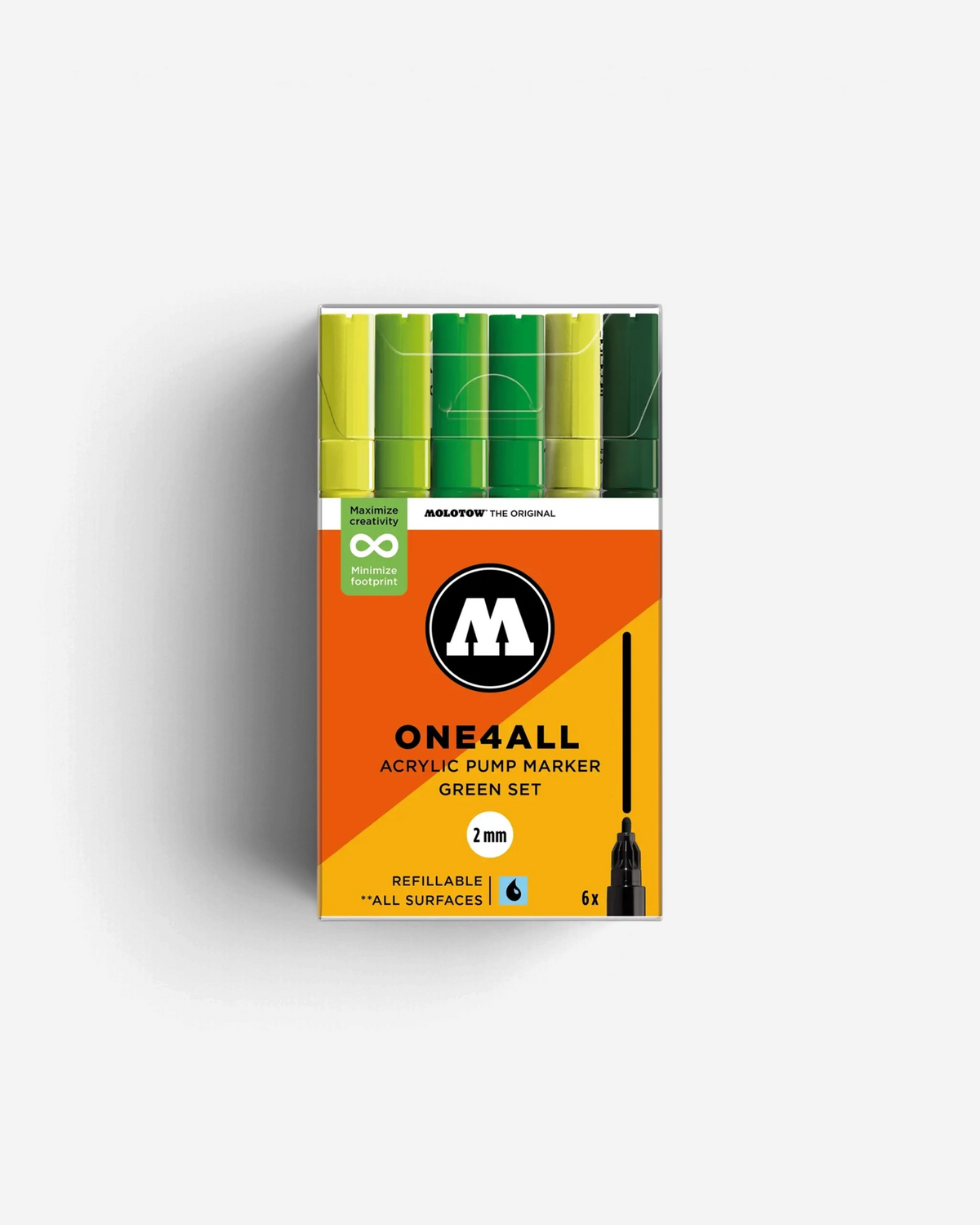 Astrofat Molotow One4All 2mm acrylic marker set in various green shades with refillable pump tips in packaging.