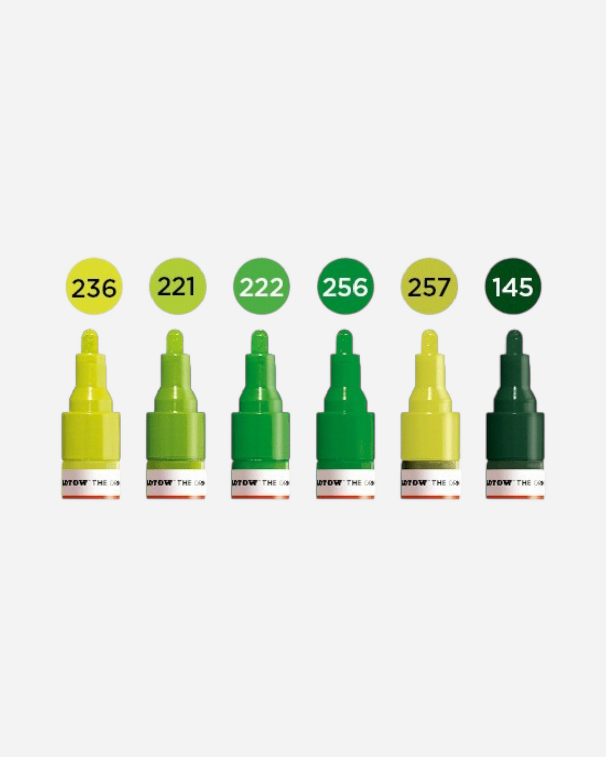 Astrofat Molotow One4All acrylic marker set featuring six shades of green with 2mm round tips for various surfaces.