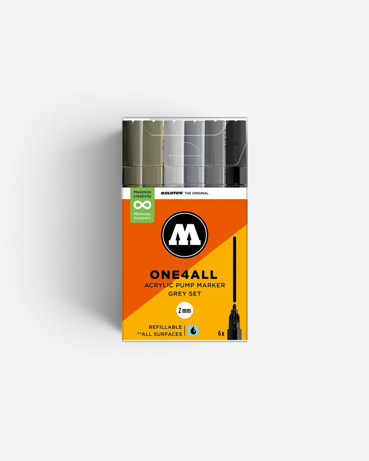 Astrofat Molotow One4All 2mm acrylic marker set in various grey shades with a black signal marker in clear packaging
