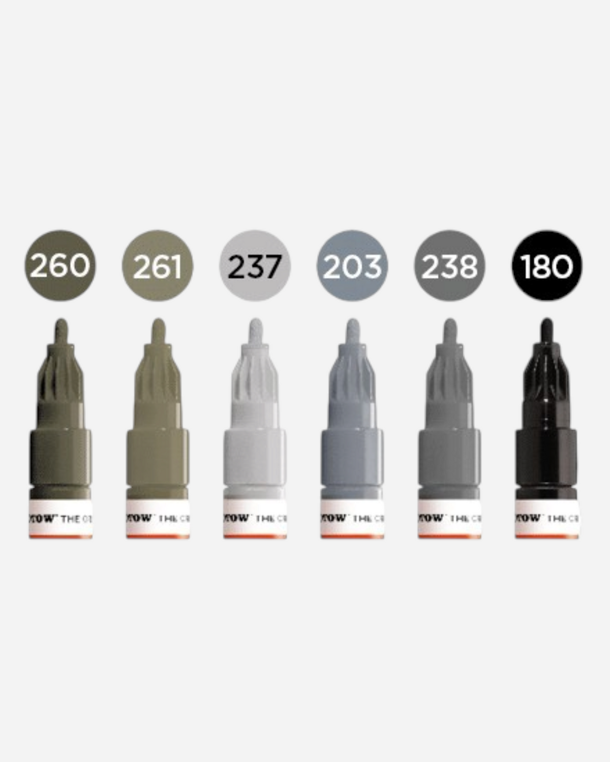 Astrofat set of 6 Molotow One4All 2mm acrylic markers in various grey tones and black with round tips.