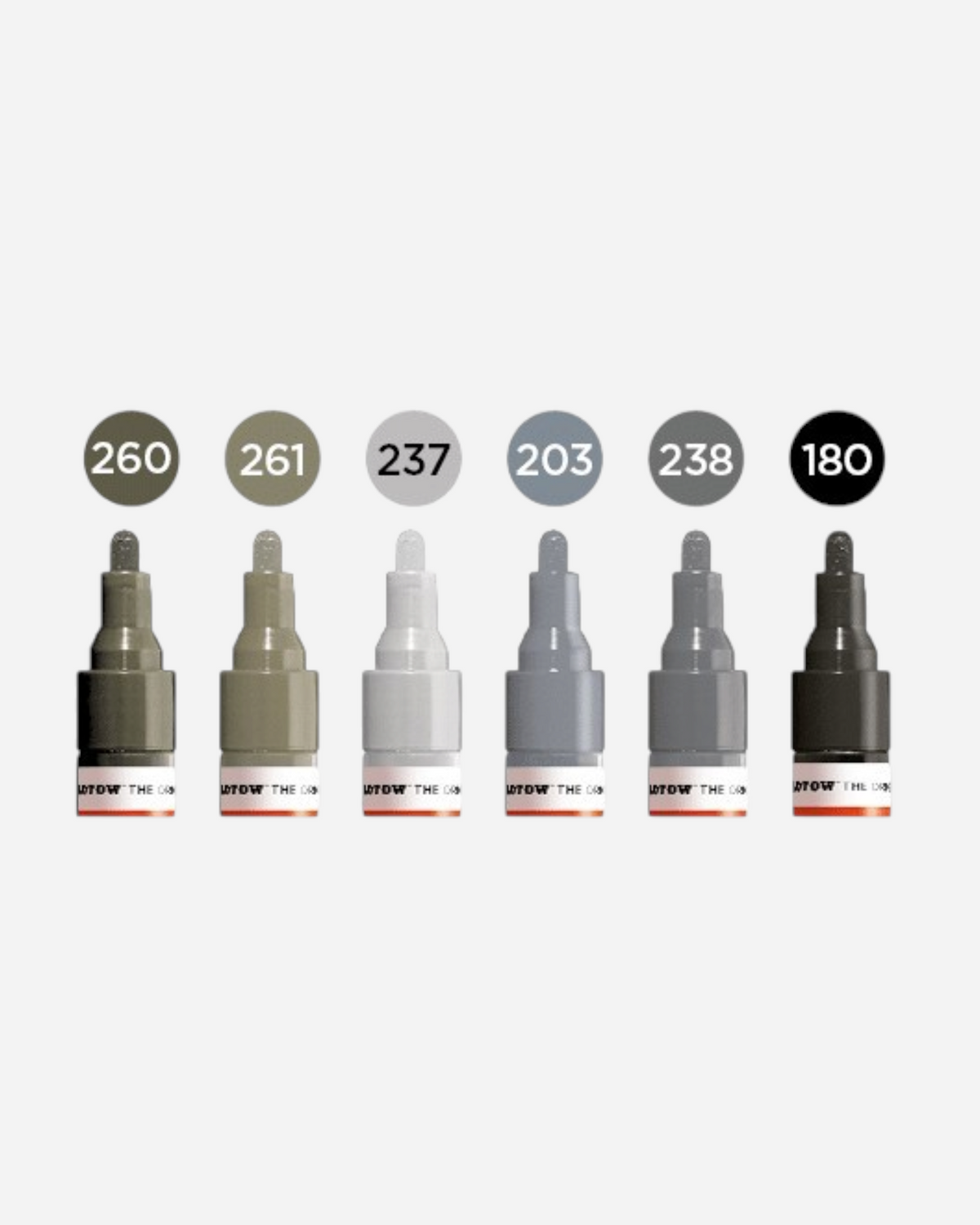Astrofat Molotow One4All acrylic marker set featuring six grey and black shades with 2mm round tips