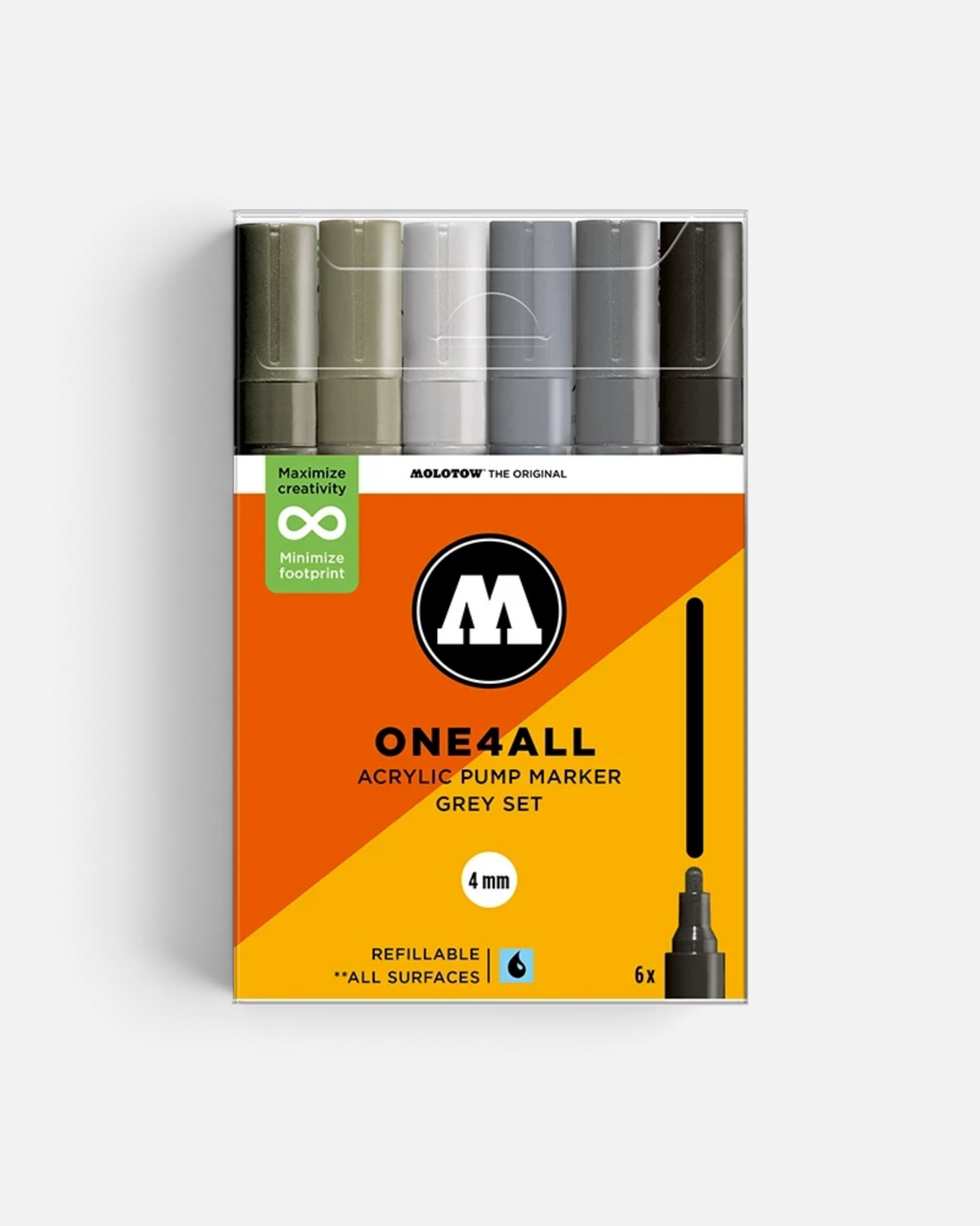 Astrofat Molotow One4All acrylic marker set in various grey tones with 4mm round tips in a clear display box