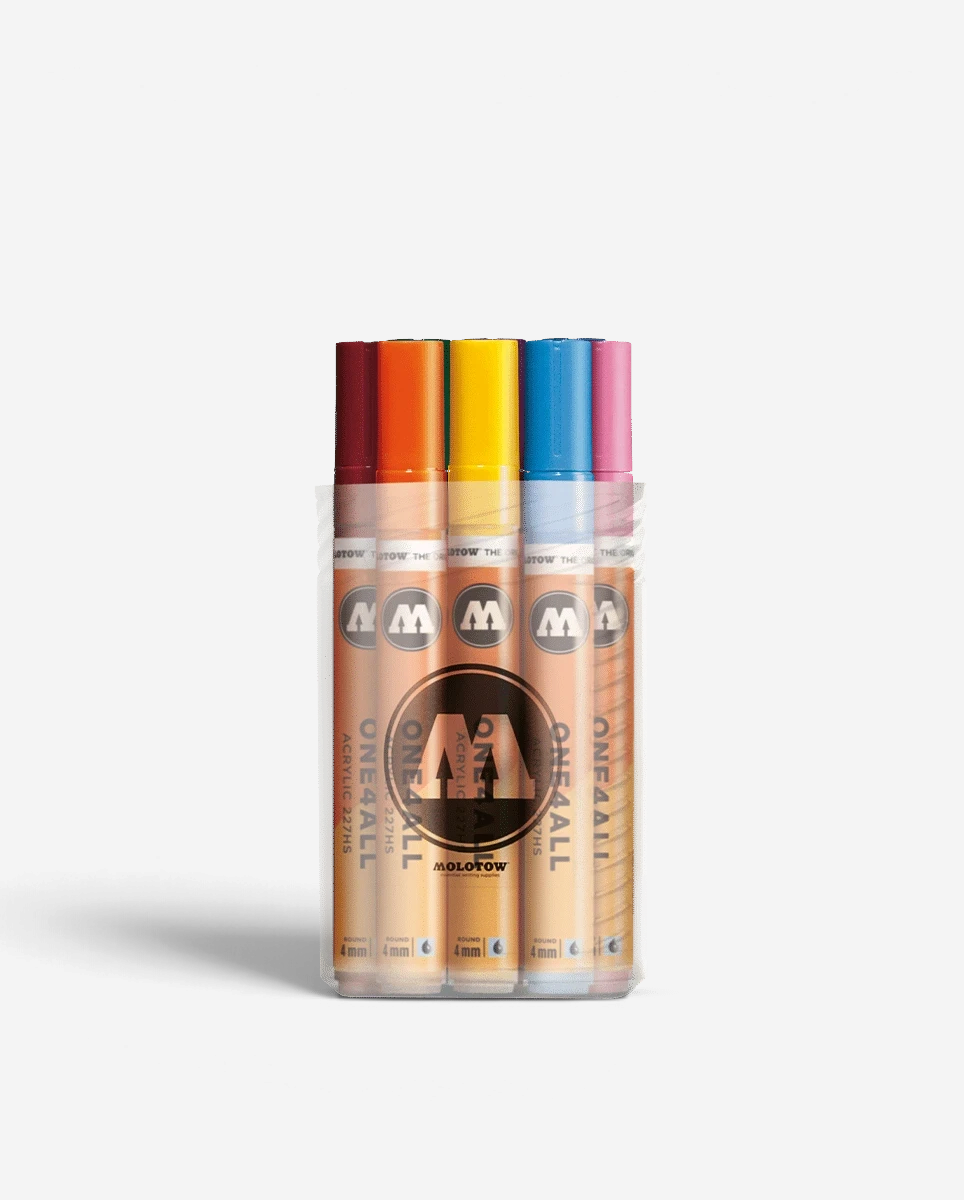 Astrofat Molotow One4All 4mm acrylic marker set of 12 assorted vibrant colours in a clear plastic storage box