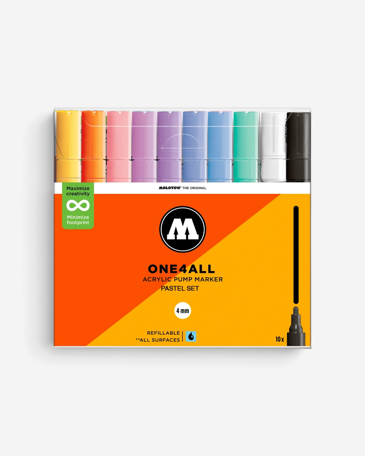 Astrofat Molotow One4All 4mm acrylic marker set featuring 10 pastel-toned refillable paint pens in a clear case.