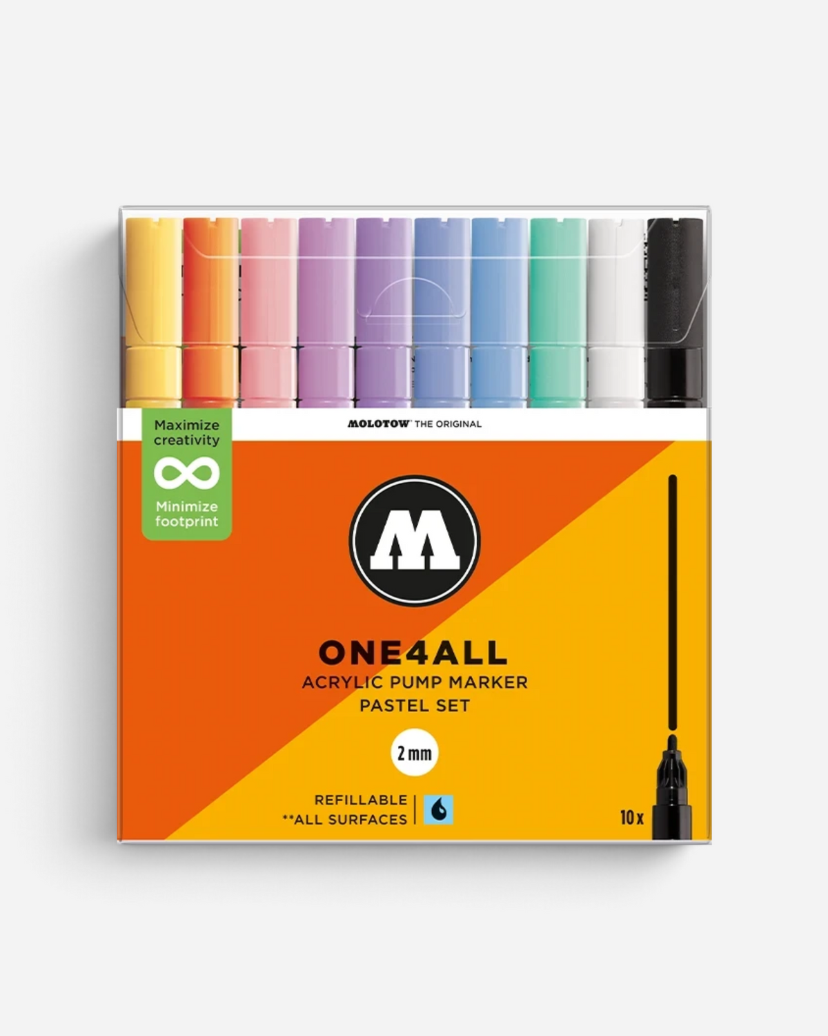 Astrofat Molotow One4All 2mm acrylic marker set featuring 10 pastel and essential colours in a clear display box.