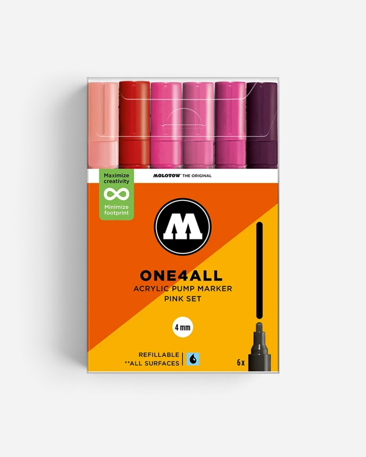 Astrofat Molotow One4All 4mm acrylic marker set featuring six pink and red tone refillable paint pens in packaging.