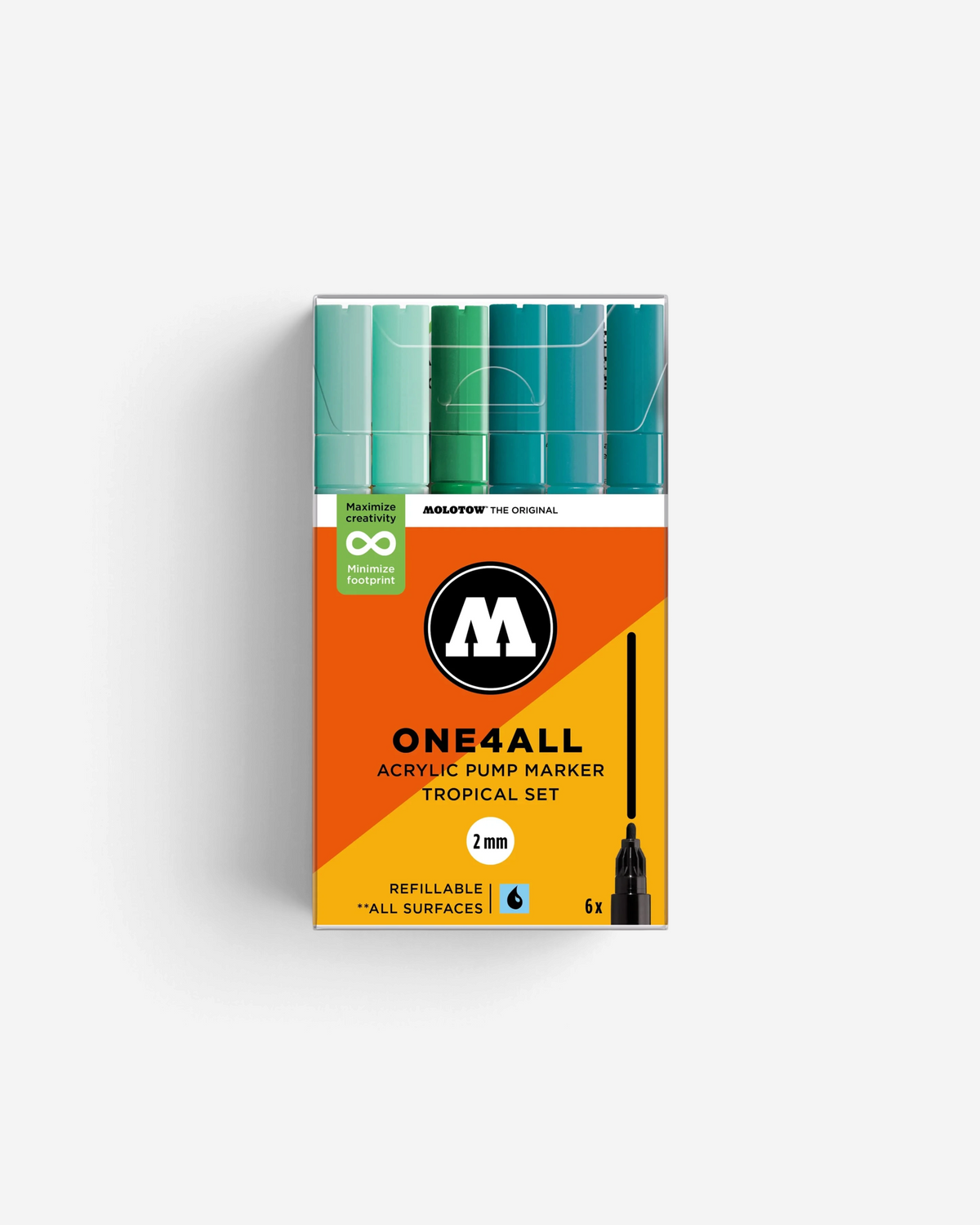 Astrofat Molotow One4All 2mm acrylic marker set in tropical blue and green shades with six refillable pens