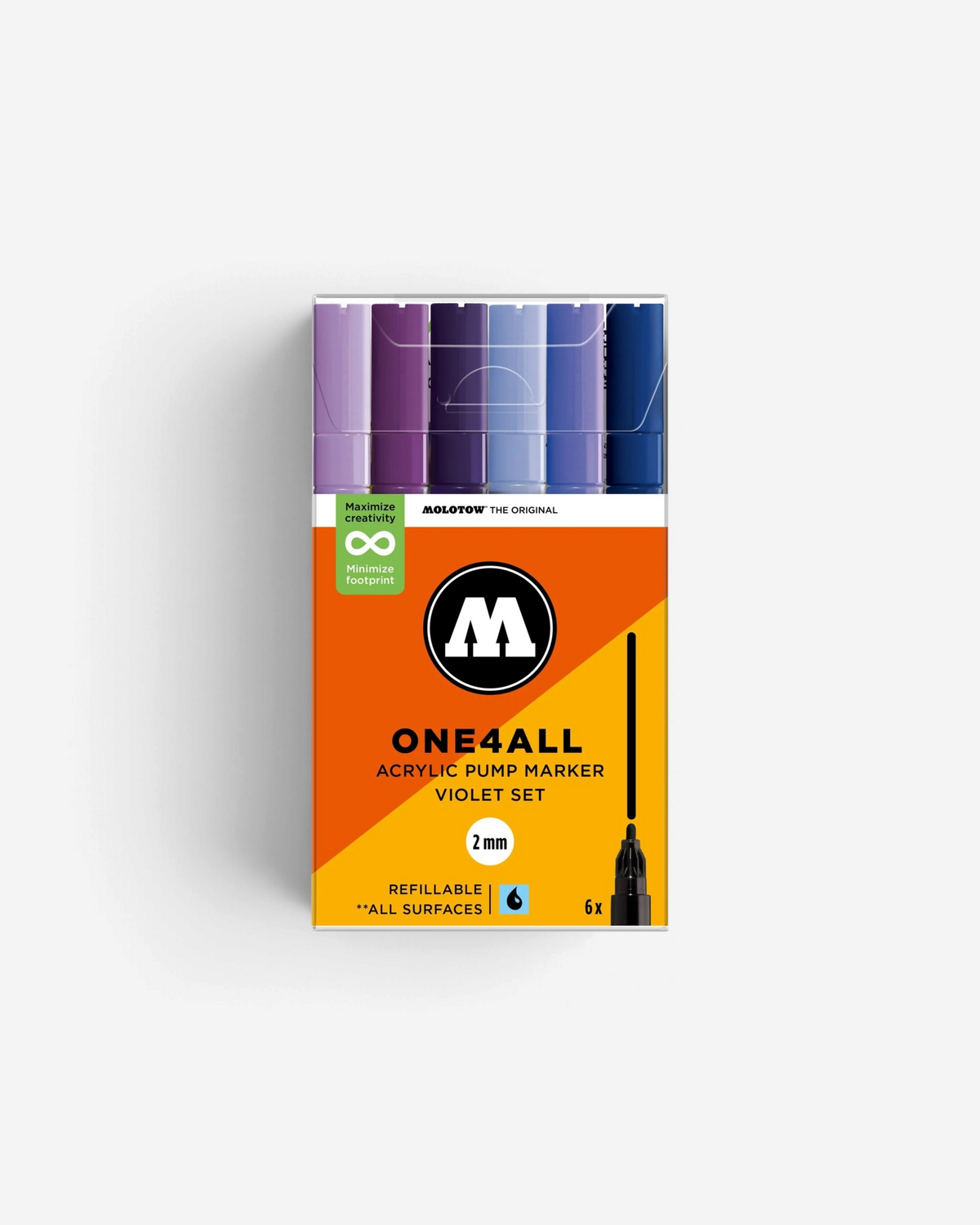 Astrofat Molotow One4All 2mm acrylic marker set in six violet and blue shades for various surfaces