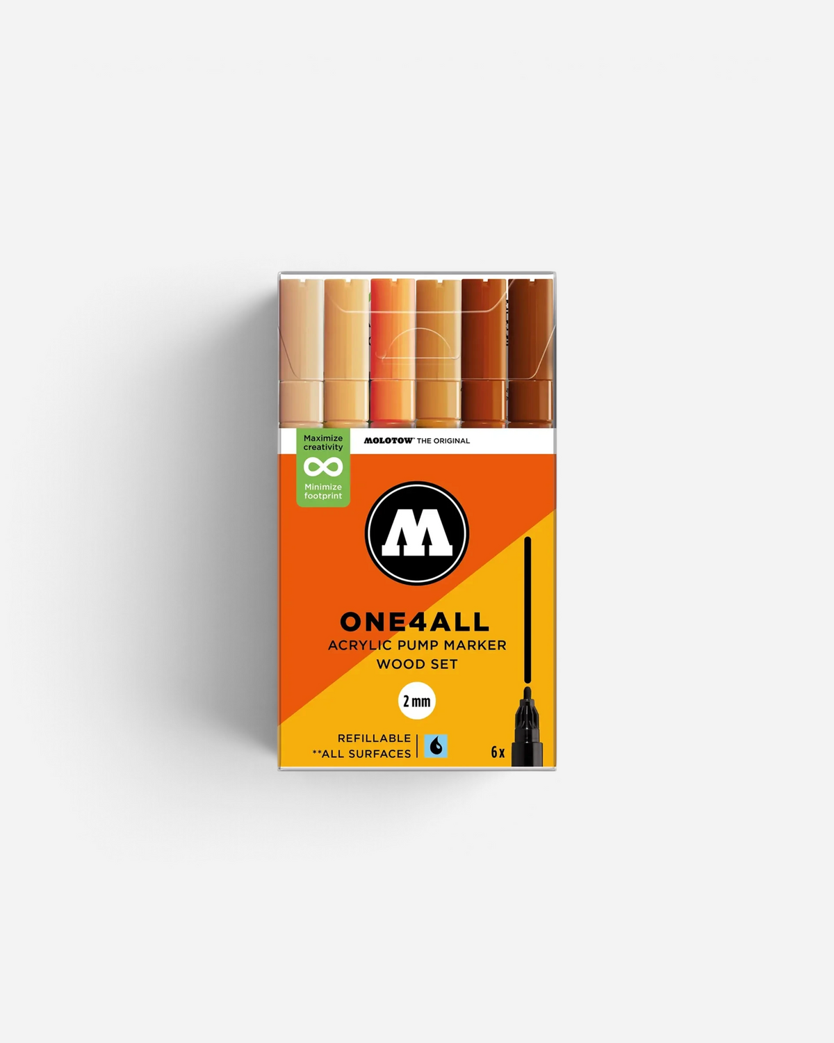 Astrofat Molotow One4All 2mm acrylic marker set in wood tones, featuring six refillable markers in a display box.
