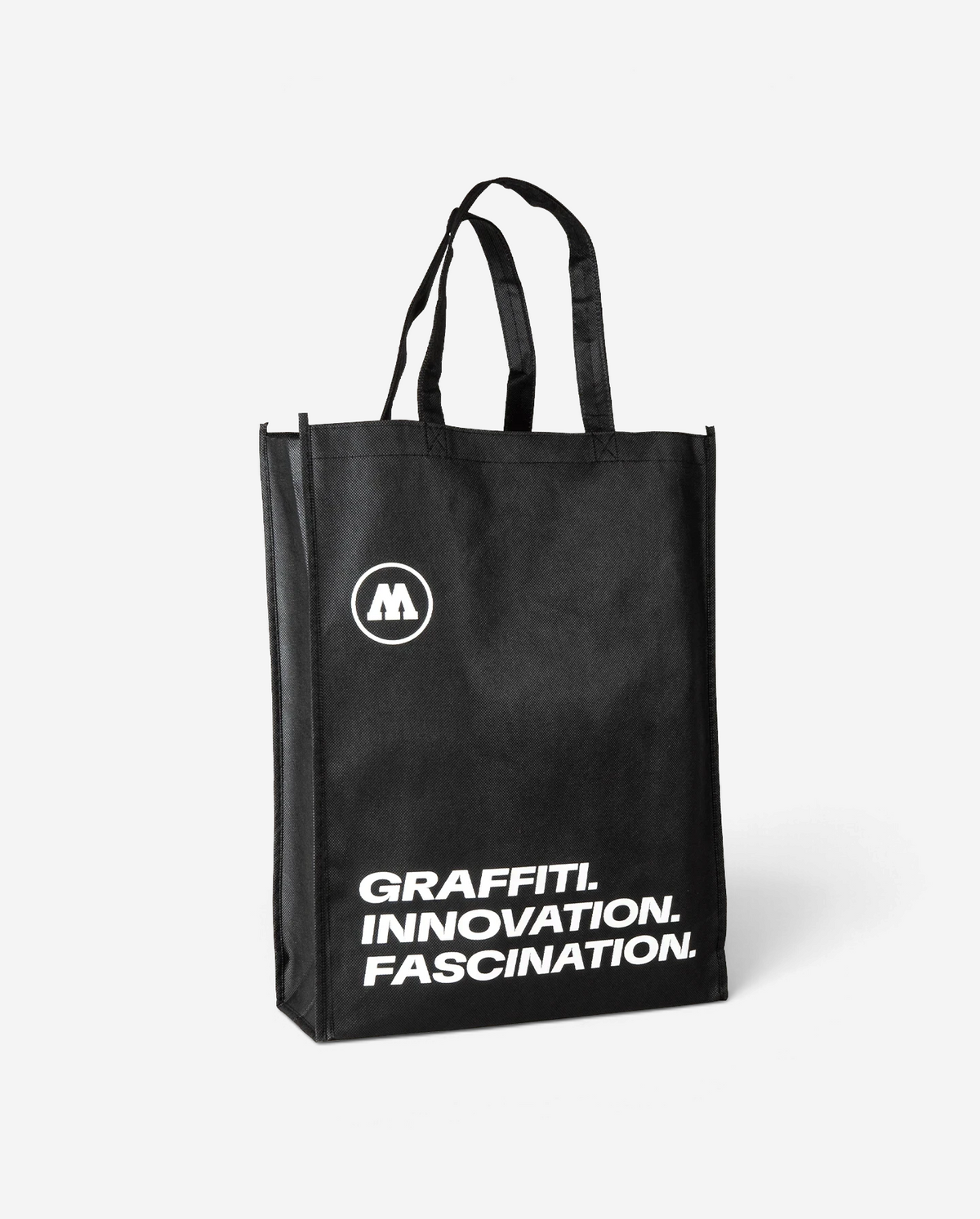 Astrofat black cotton spray can bag with reinforced handles and white Molotow logo and graffiti slogan print