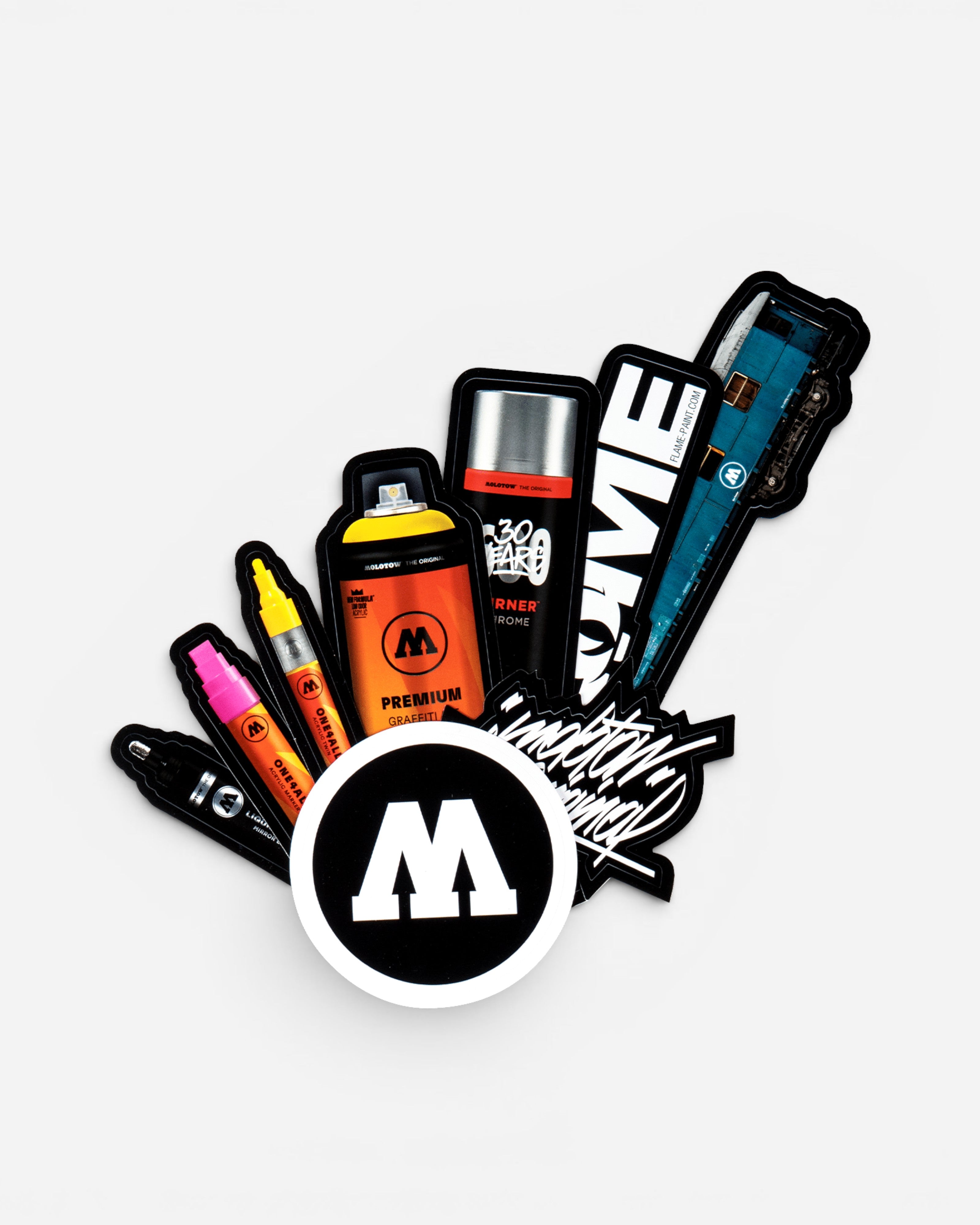 Astrofat Molotow sticker pack featuring various graffiti-themed designs, including spray cans, markers, and logos.
