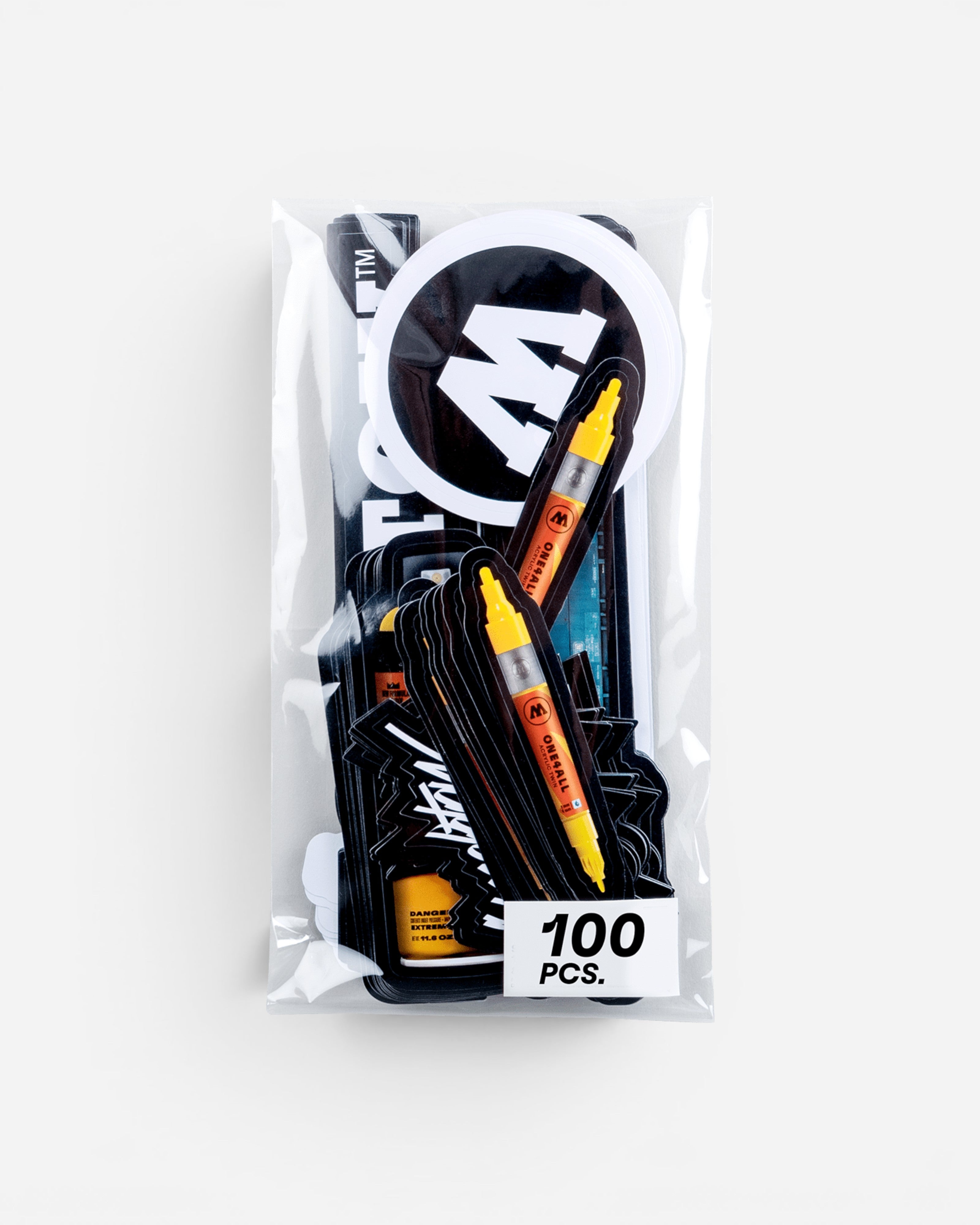 Astrofat Molotow sticker pack containing 100 assorted graffiti-style adhesive labels in a clear plastic bag.