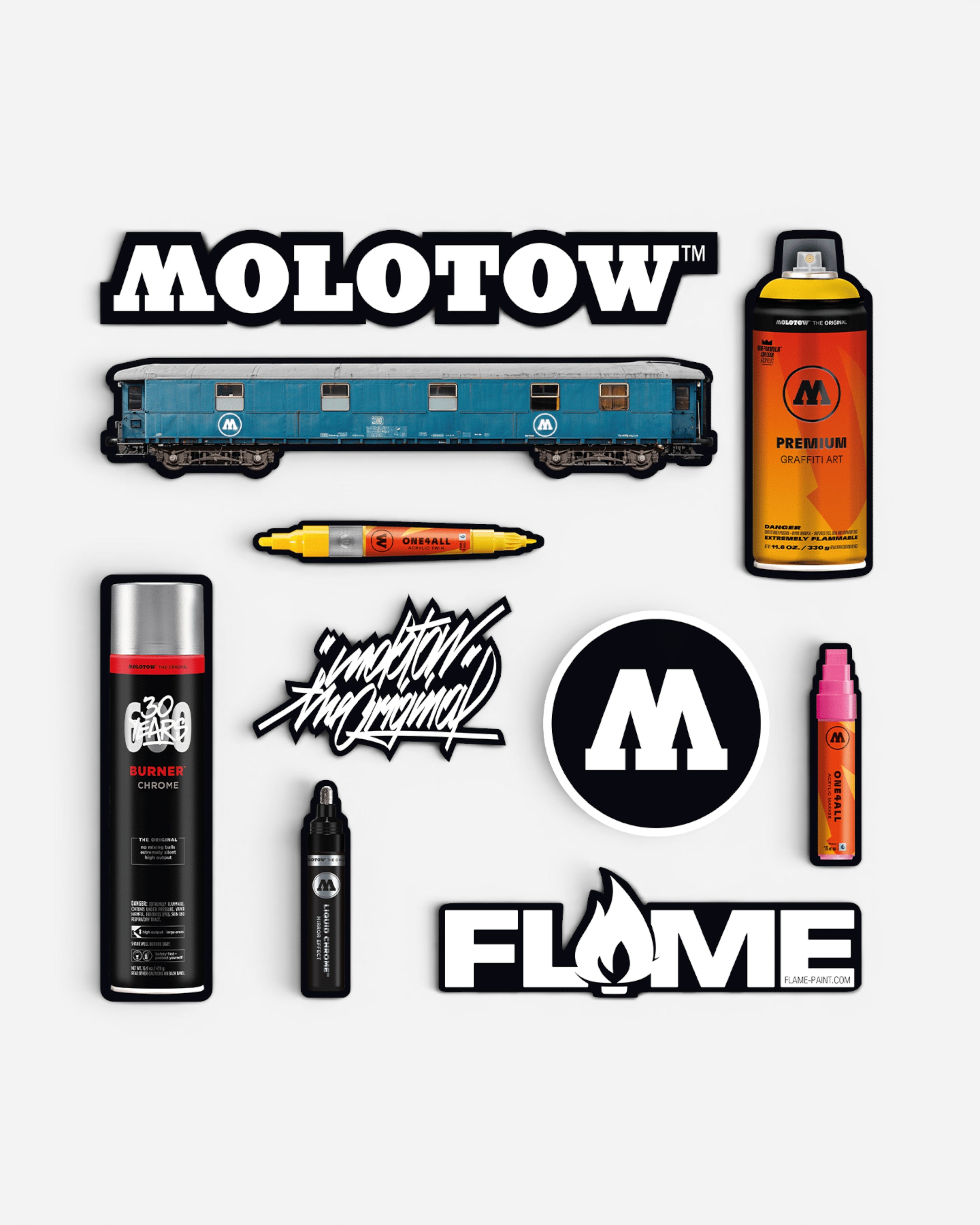 Astrofat Molotow sticker pack featuring various graffiti-themed designs, including spray cans, markers, and logos.