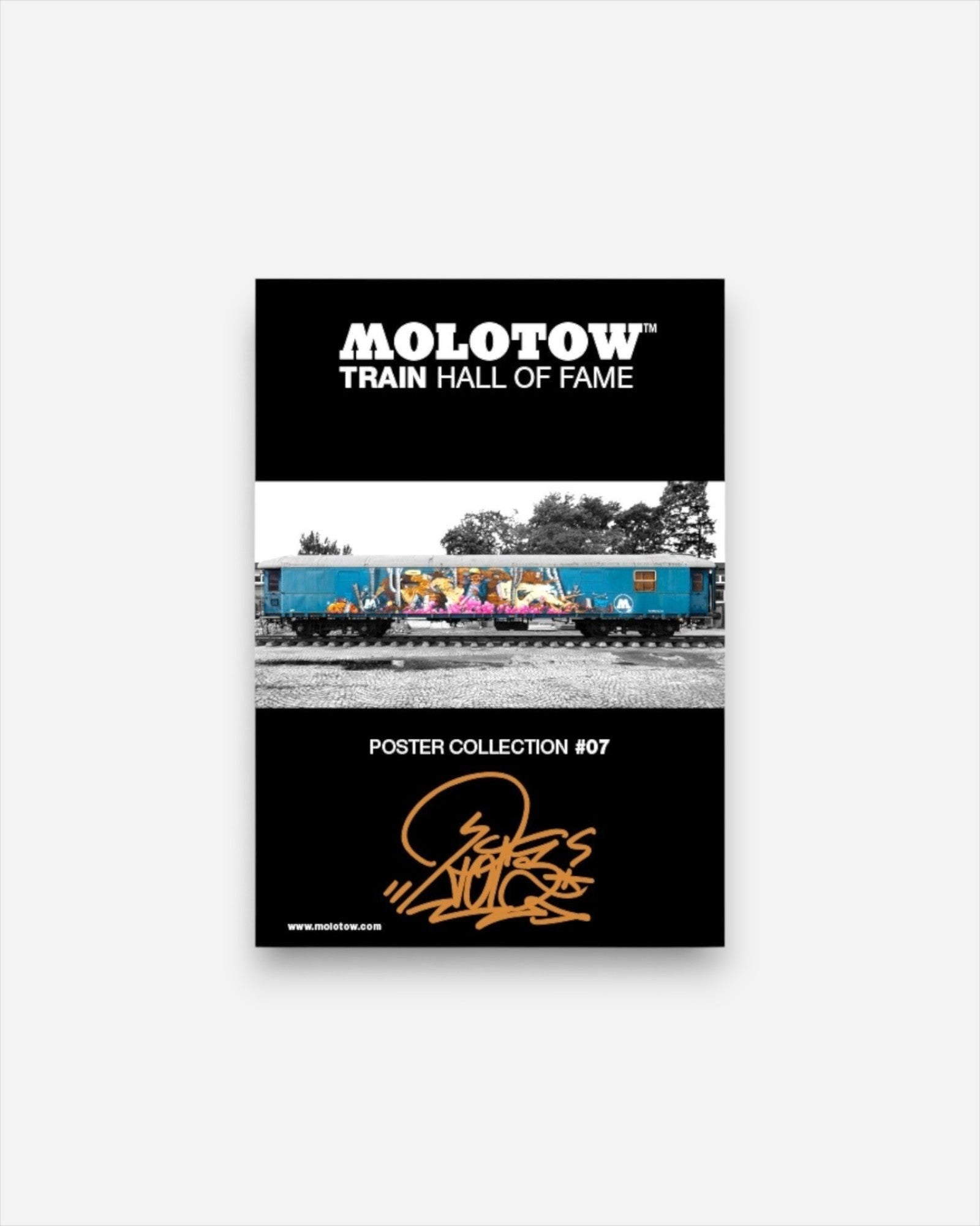 Astrofat Molotow Train Poster #07 RIOT featuring a blue train car with graffiti art on a black background