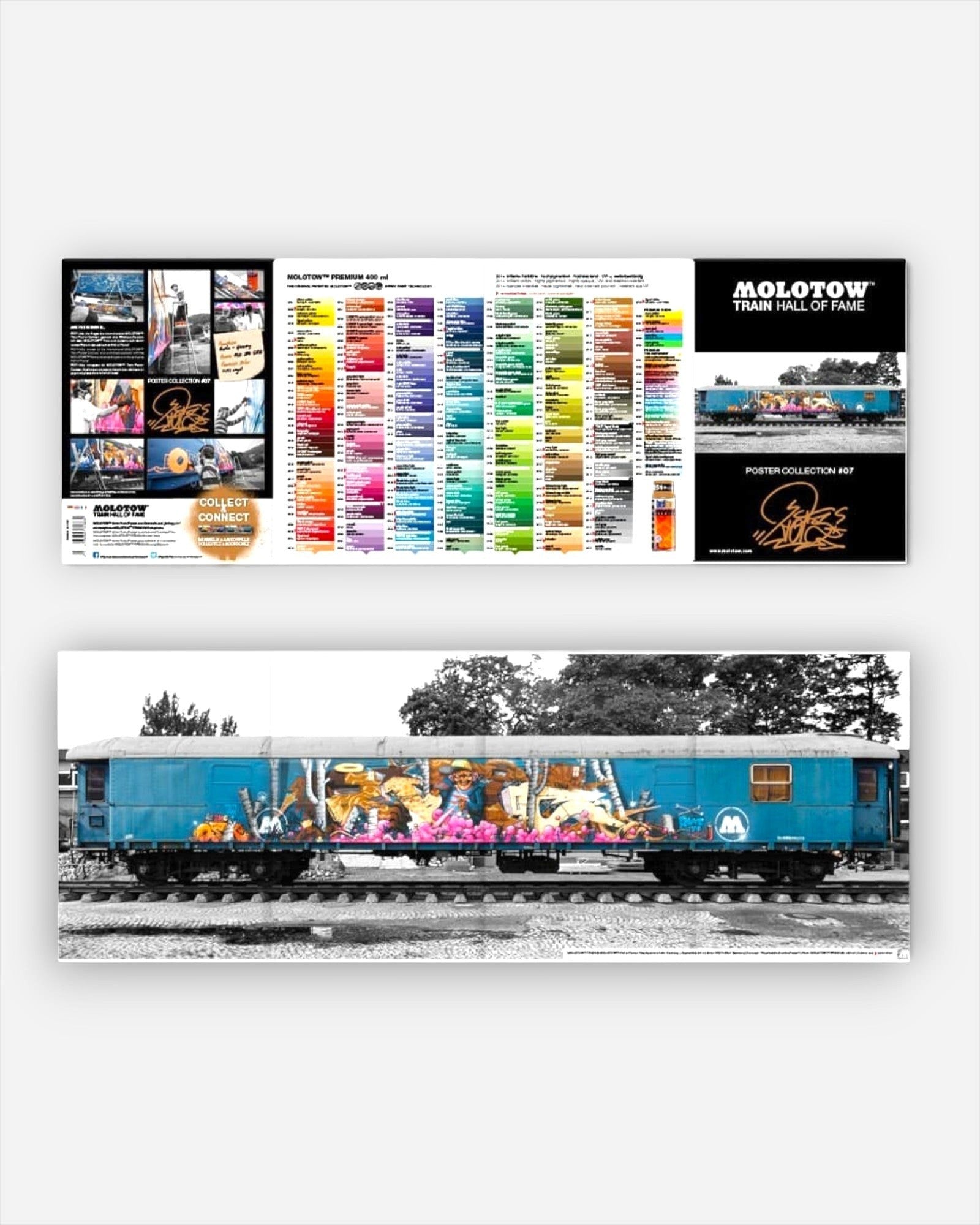 Astrofat Molotow Train Poster #07 RIOT featuring a wholecar graffiti piece on a train and a color chart on the back.