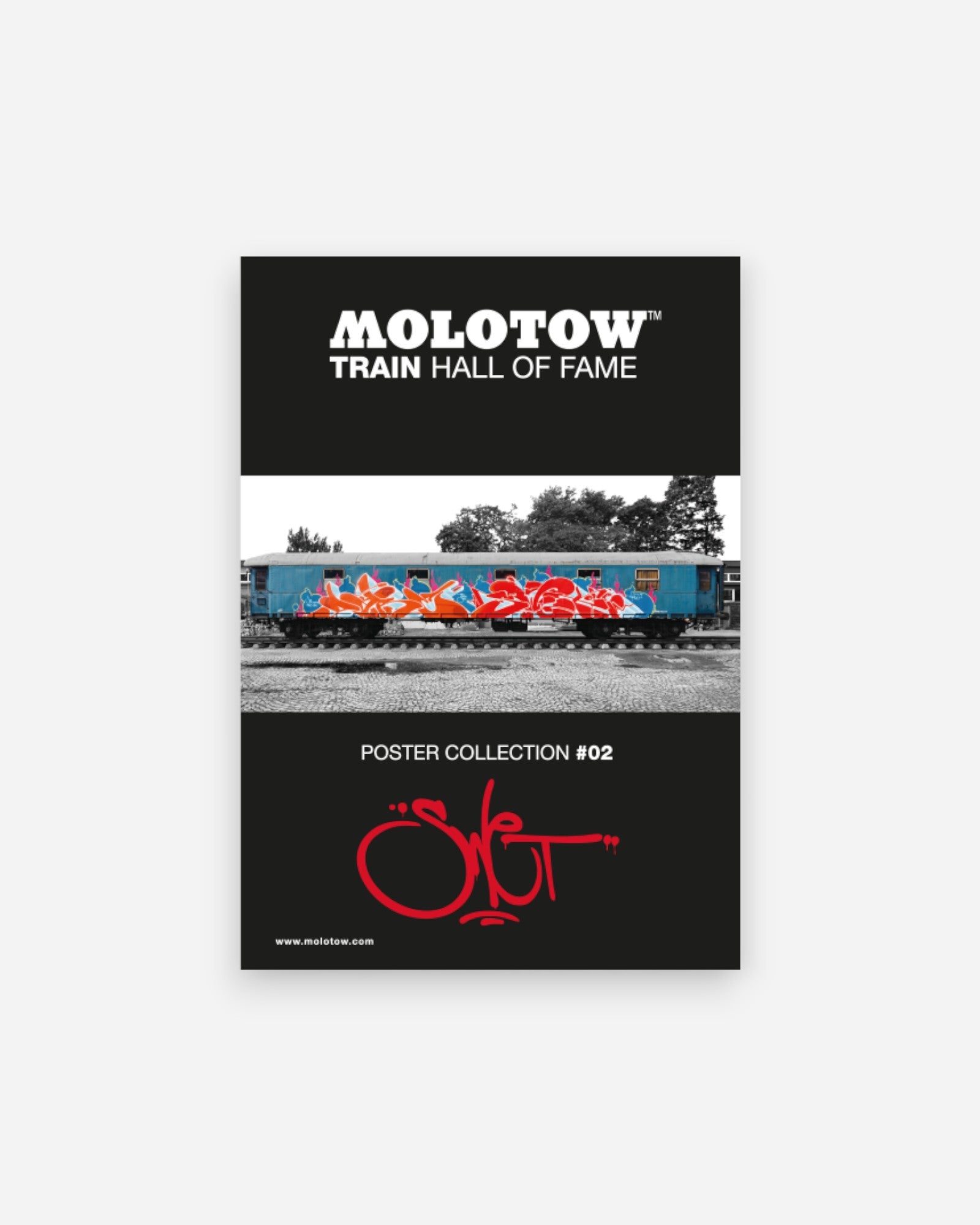 Astrofat Molotow Train Poster #02 featuring a SWET graffiti wholecar piece on a train with a color chart on the back.