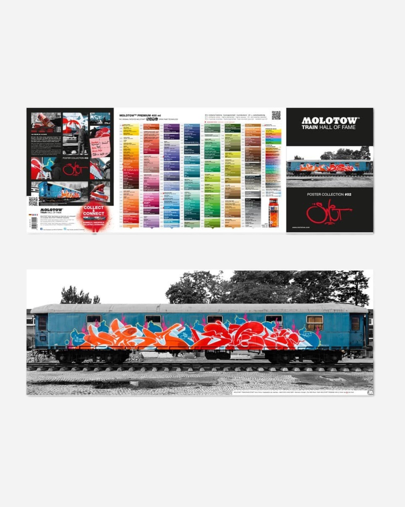 Astrofat Molotow Train Poster #02 featuring a SWET graffiti wholecar piece and a Molotow Premium color chart.