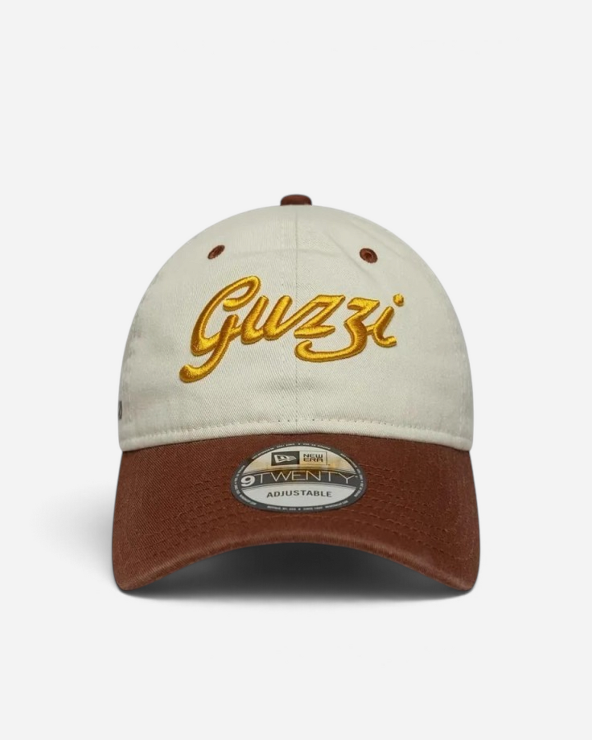 Astrofat 9TWENTY Moto Guzzi cotton cap in beige and brown with gold embroidered logo and adjustable metal buckle.