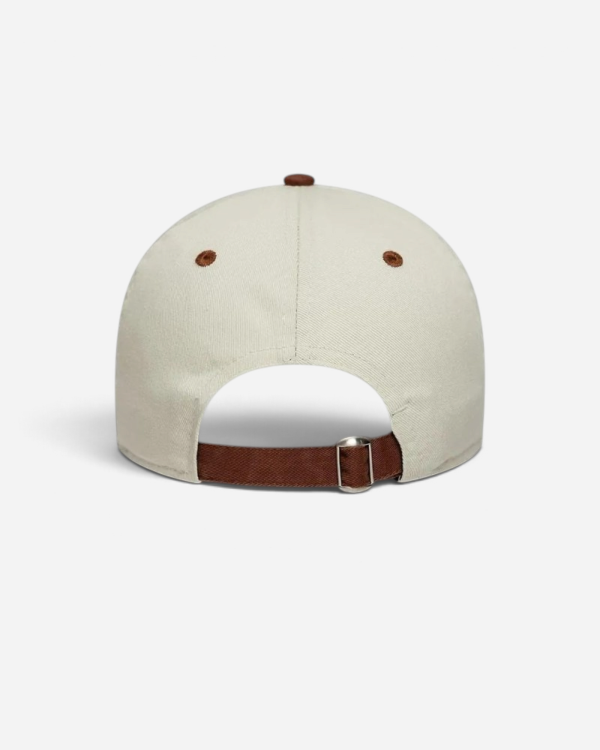 Astrofat 9TWENTY Moto Guzzi beige cotton cap with brown strap, button, and adjustable metal buckle back view.