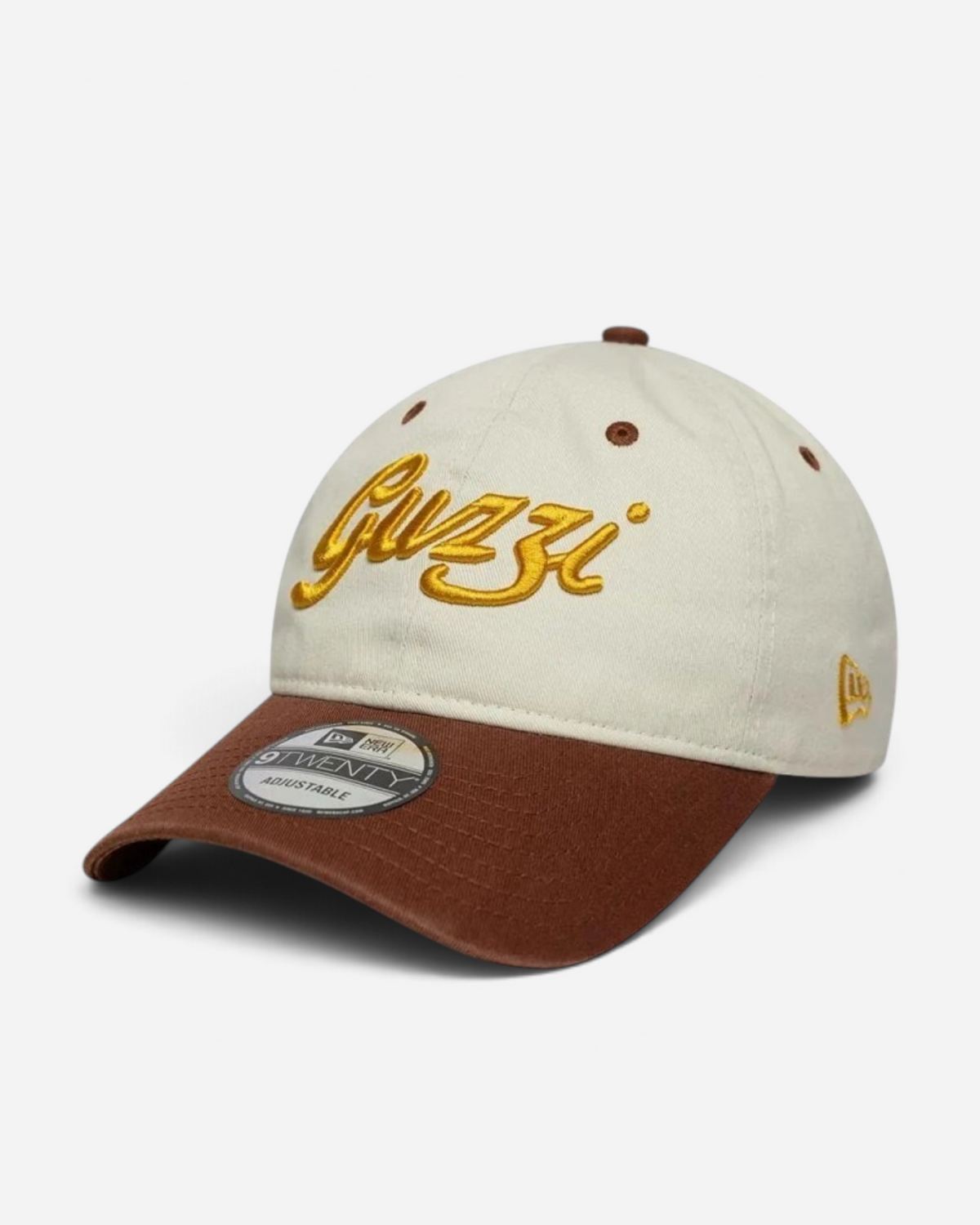 Astrofat 9TWENTY Moto Guzzi baseball cap in beige and brown cotton with an embroidered gold logo and adjustable strap.