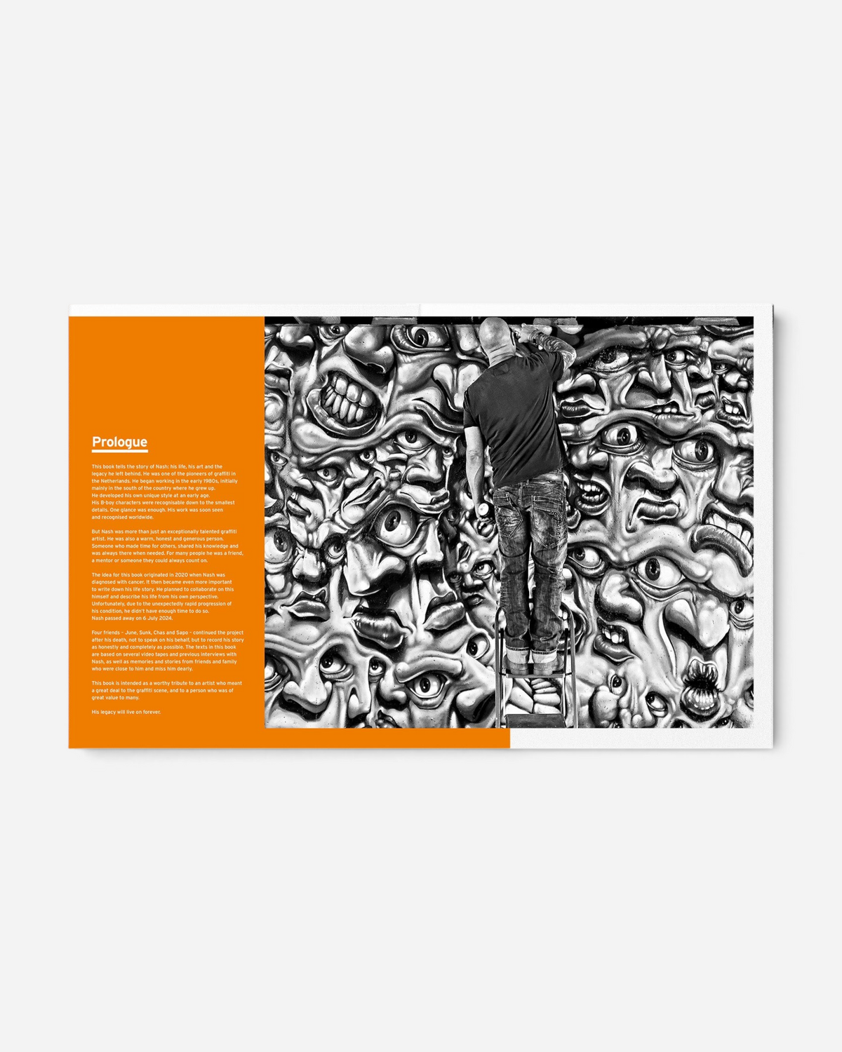 Astrofat Nash Master Of Puppets art book open to the prologue page featuring a black and white graffiti mural