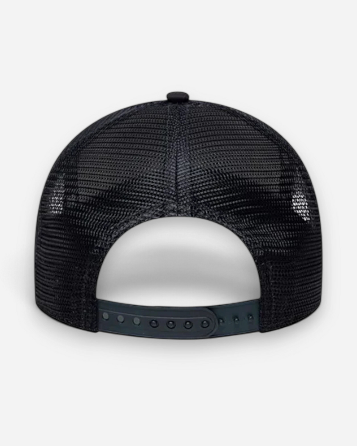 Astrofat 9FORTY trucker cap in navy and cream with a black mesh back and adjustable snapback closure, rear view.