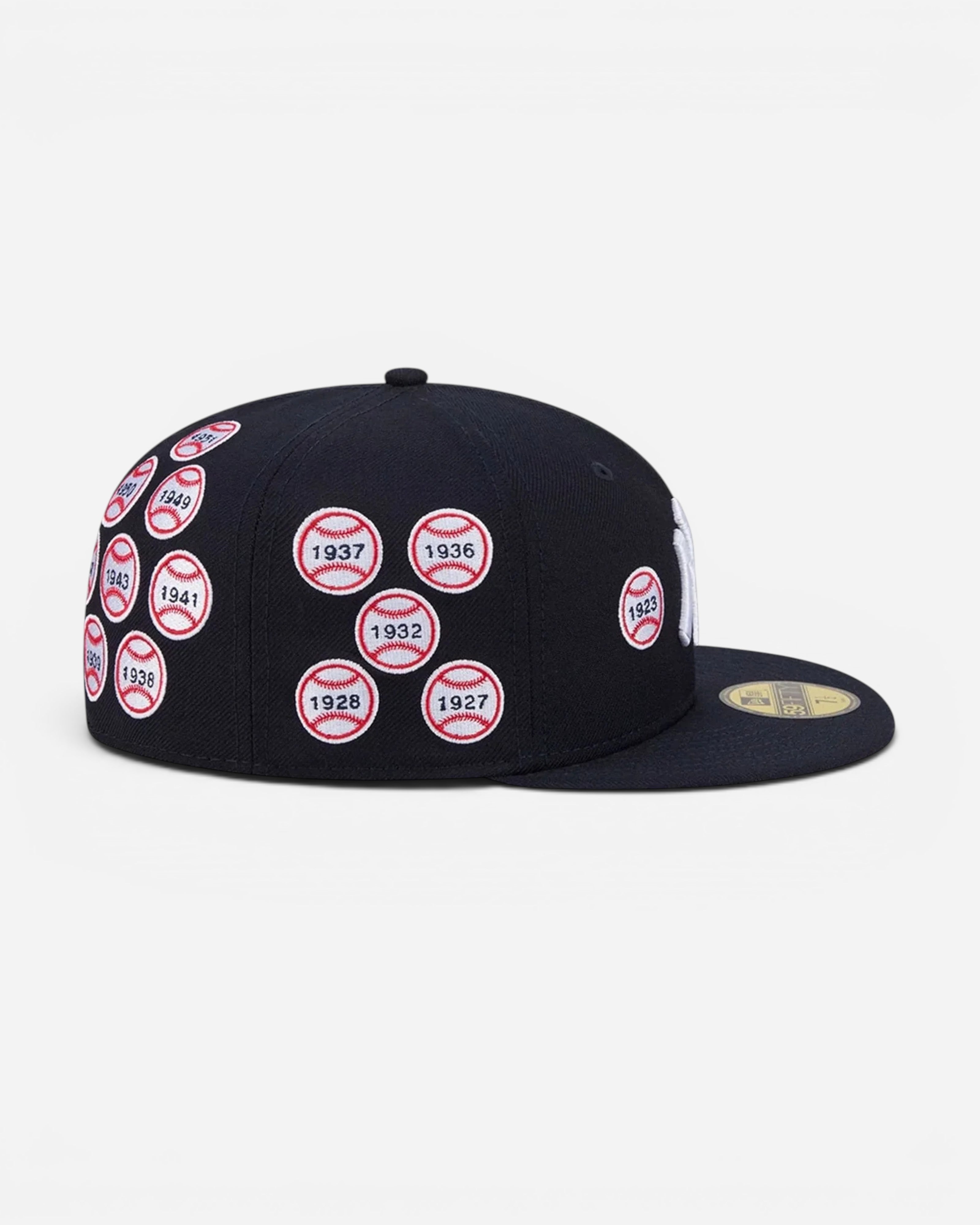 Astrofat navy blue wool 59FIFTY New York Yankees fitted cap featuring embroidered World Series patches