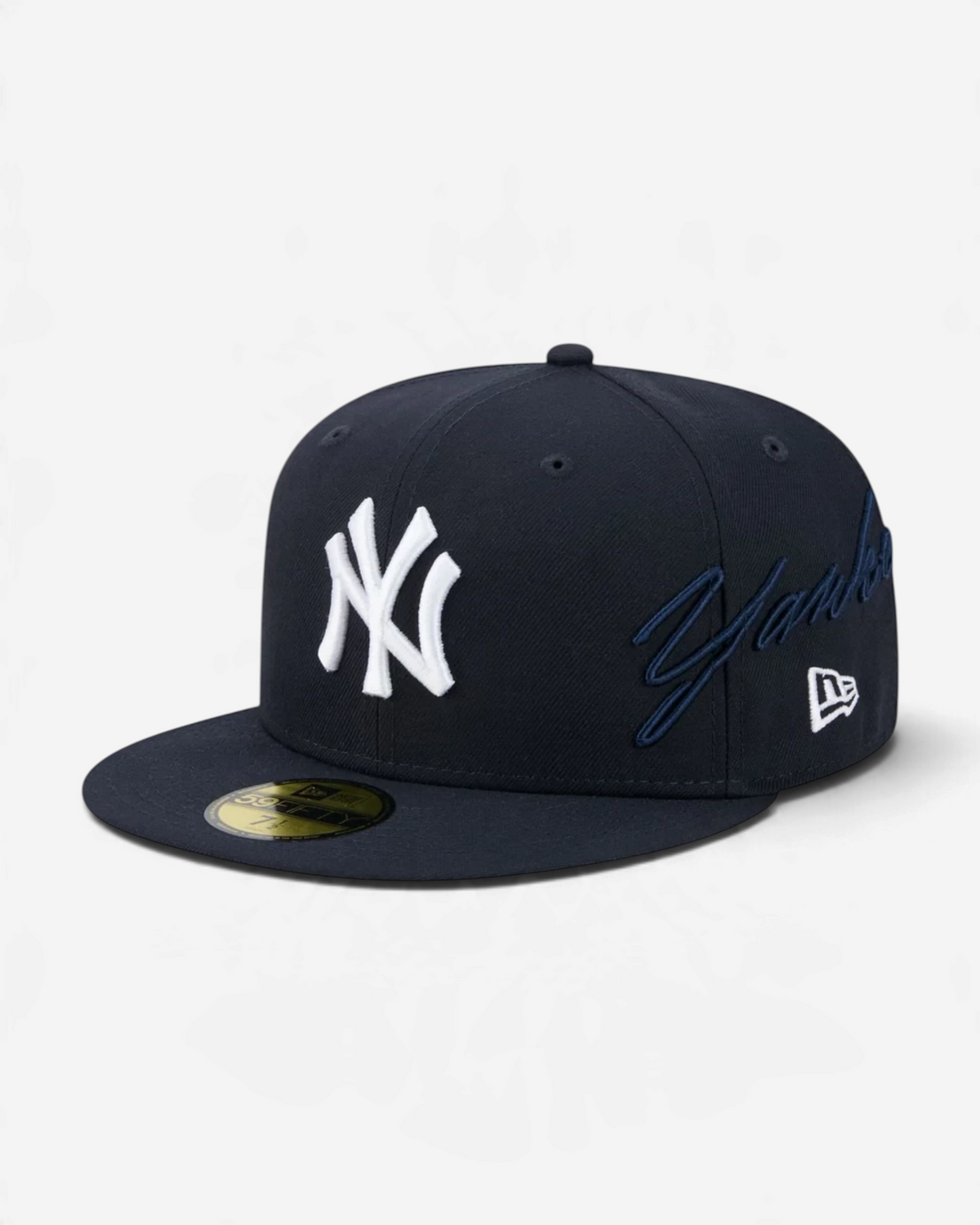 Astrofat navy blue New York Yankees 59FIFTY fitted cap with white front logo and side script embroidery