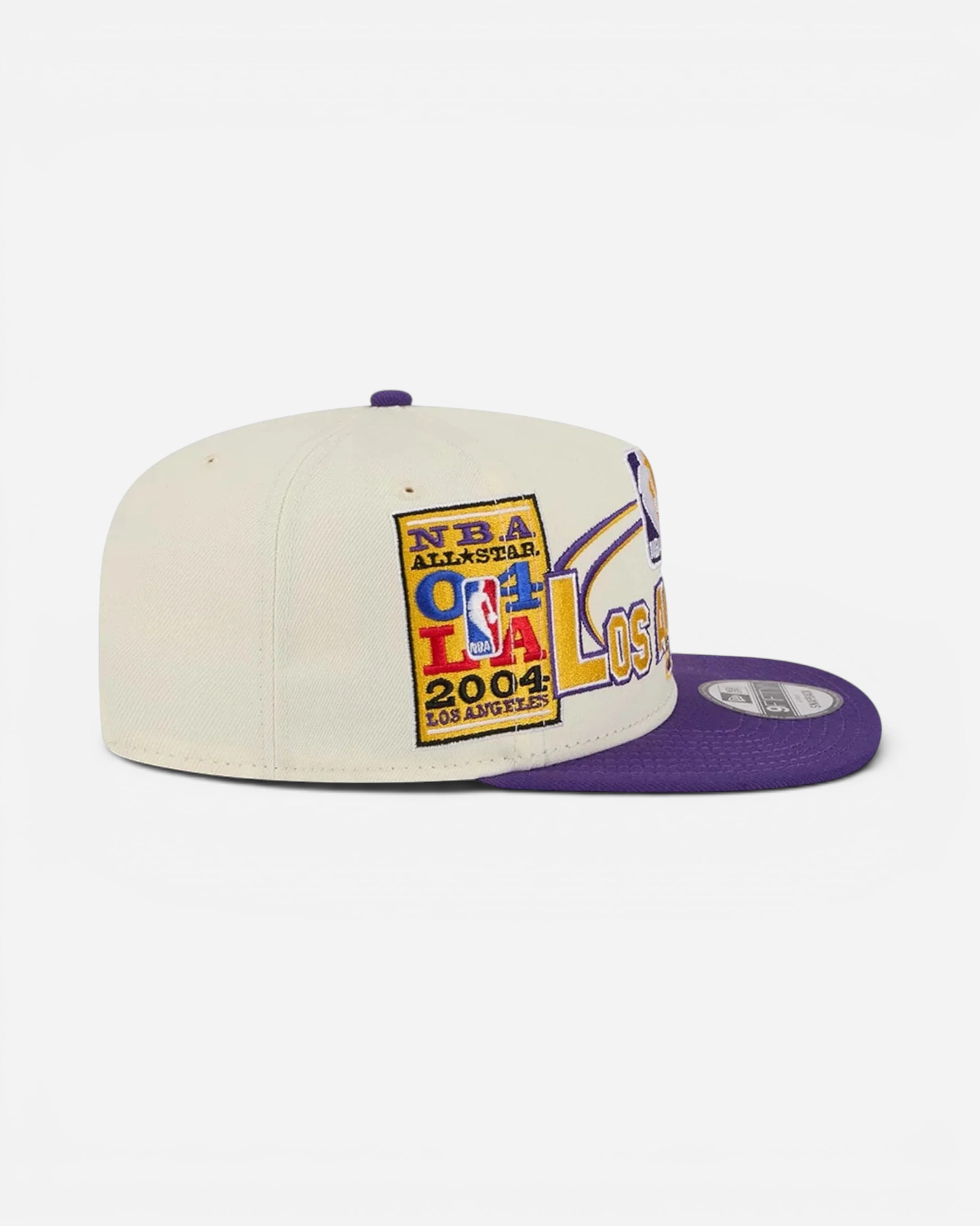 Astrofat 9FIFTY NBA Hardwood Classic All Star Game Los Angeles Lakers cap in cream and purple with embroidered patches.