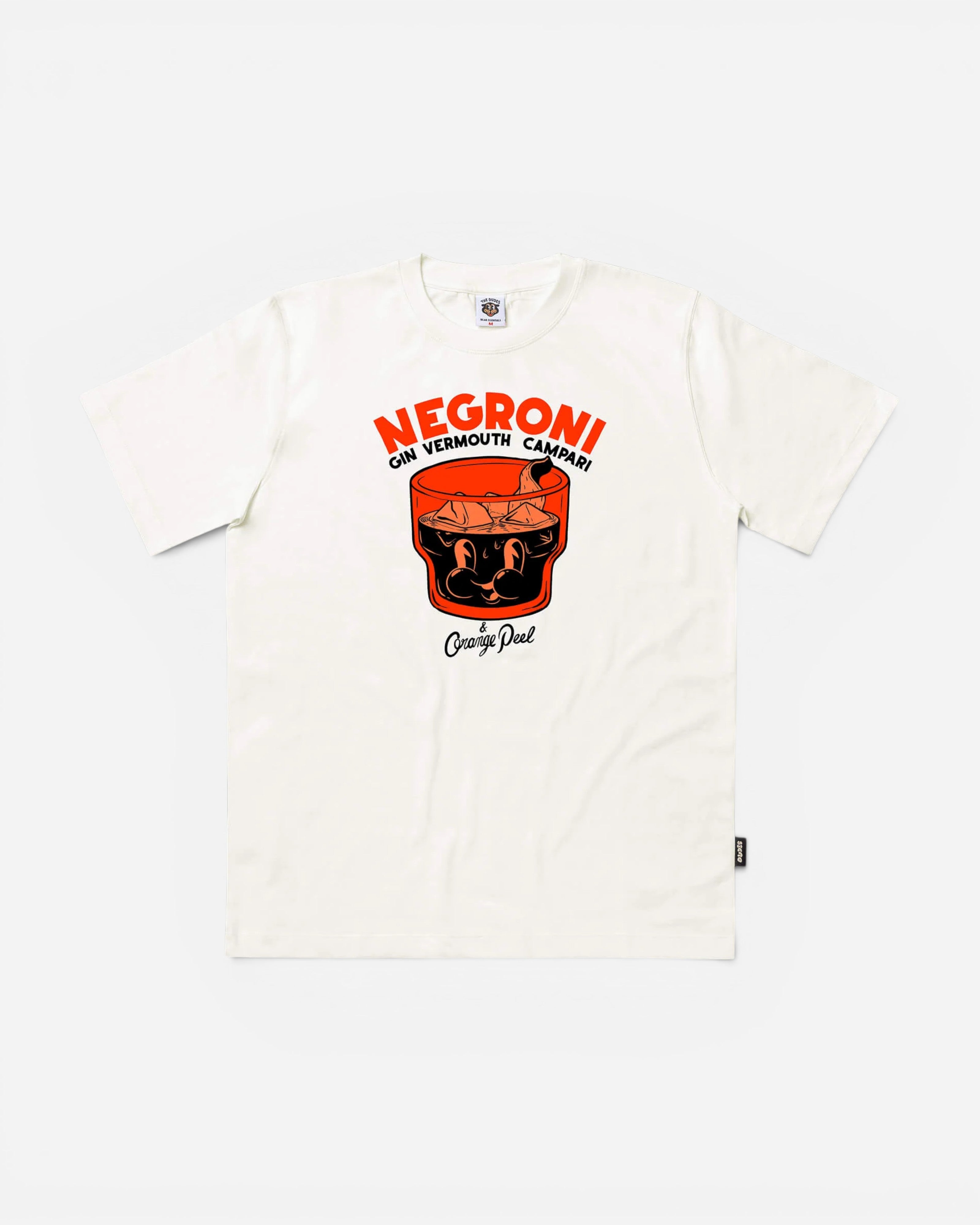 Astrofat off-white 100% organic cotton t-shirt with a graphic print of a Negroni cocktail glass and the text "NEGRONI GIN VERMOUTH CAMPARI".