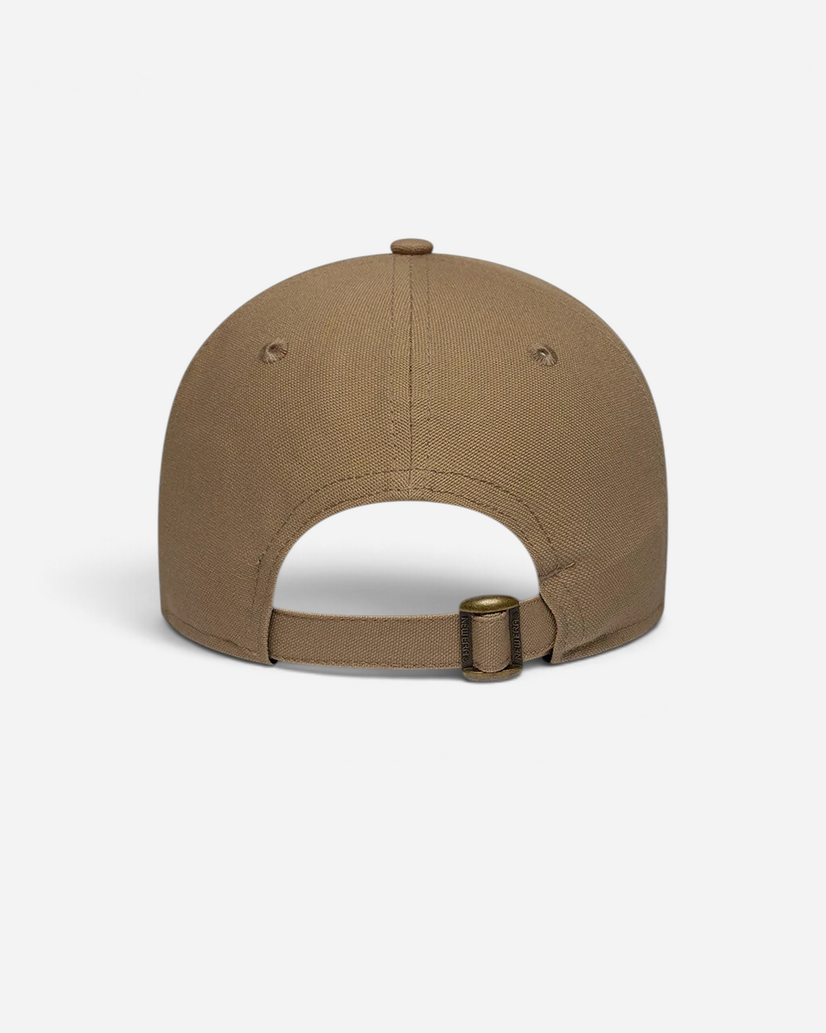 Astrofat New Era 9FORTY beige adjustable cap with a curved brown visor and metal strap closure, back view.
