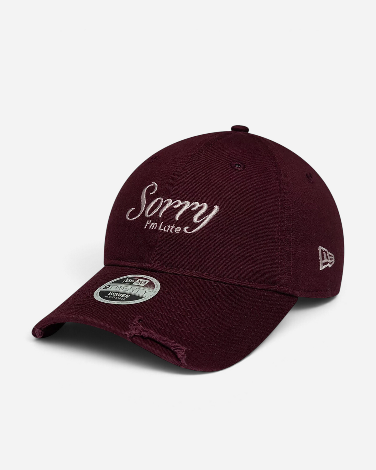 Astrofat New Era 9TWENTY dark purple adjustable cap with Sorry I'm Late slogan embroidery and distressed curved visor.