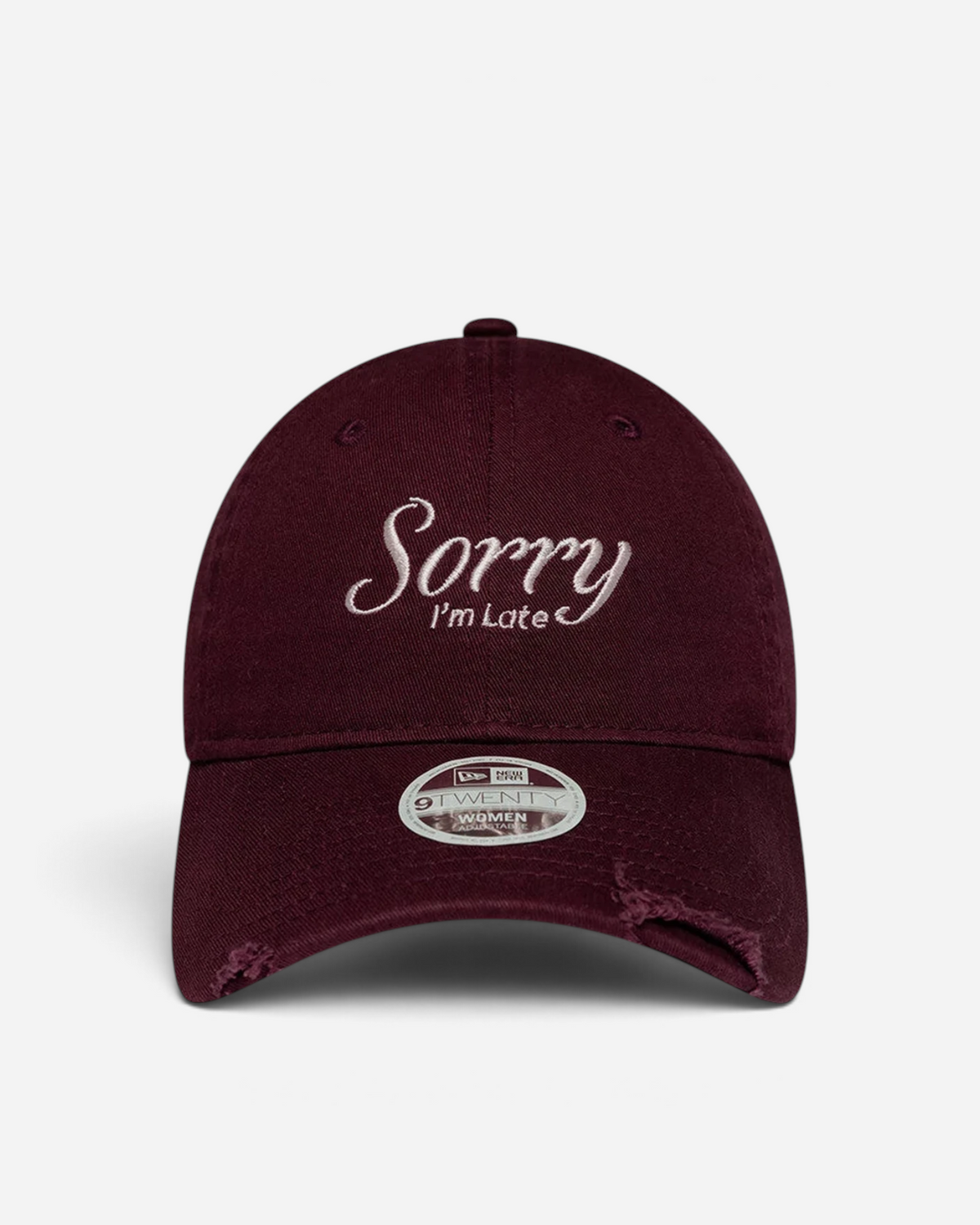 Astrofat New Era 9TWENTY dark purple adjustable cap with Sorry I'm Late embroidery and distressed curved visor.