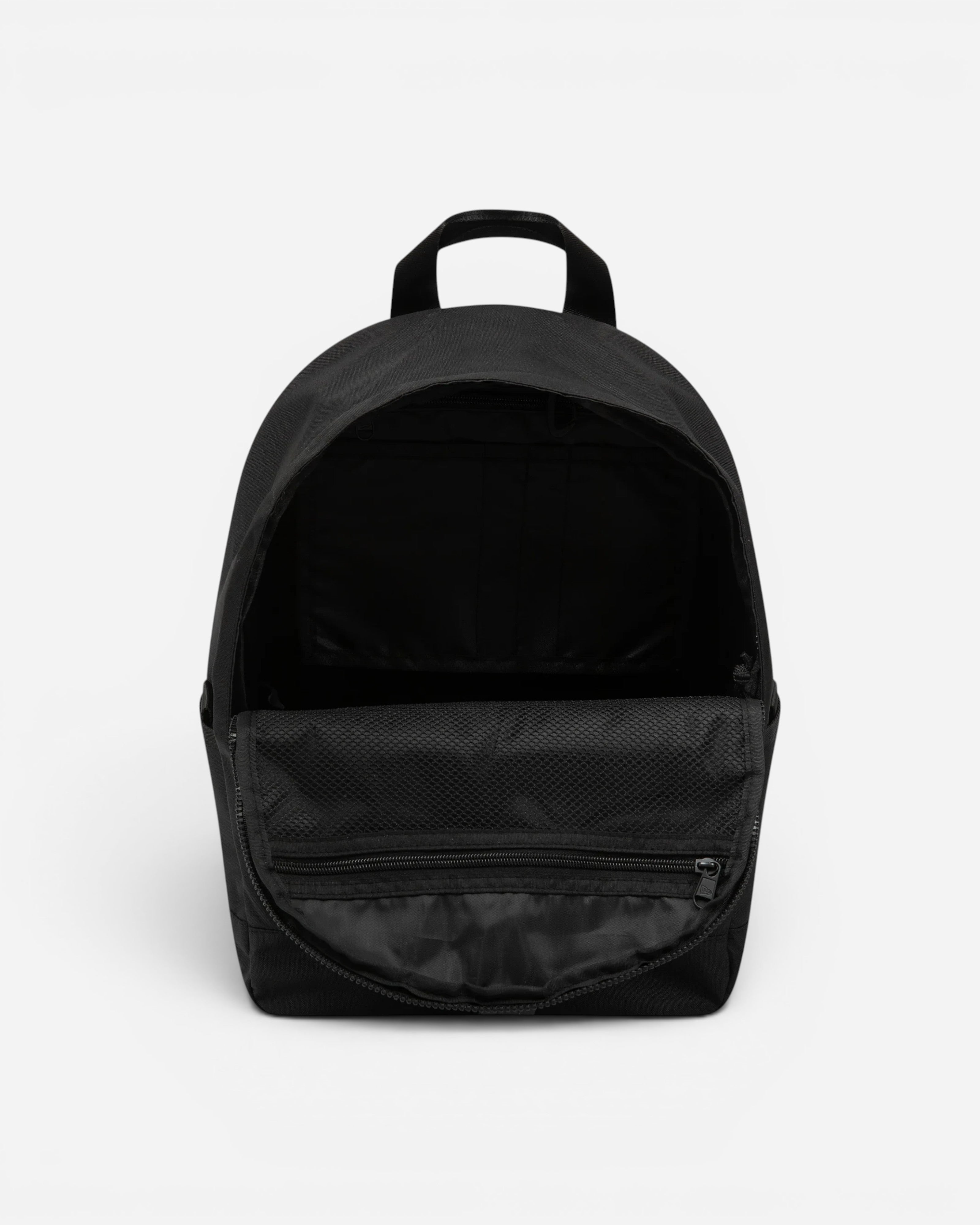 Astrofat black New Era day pack backpack with an open front zippered compartment showing interior mesh pocket.