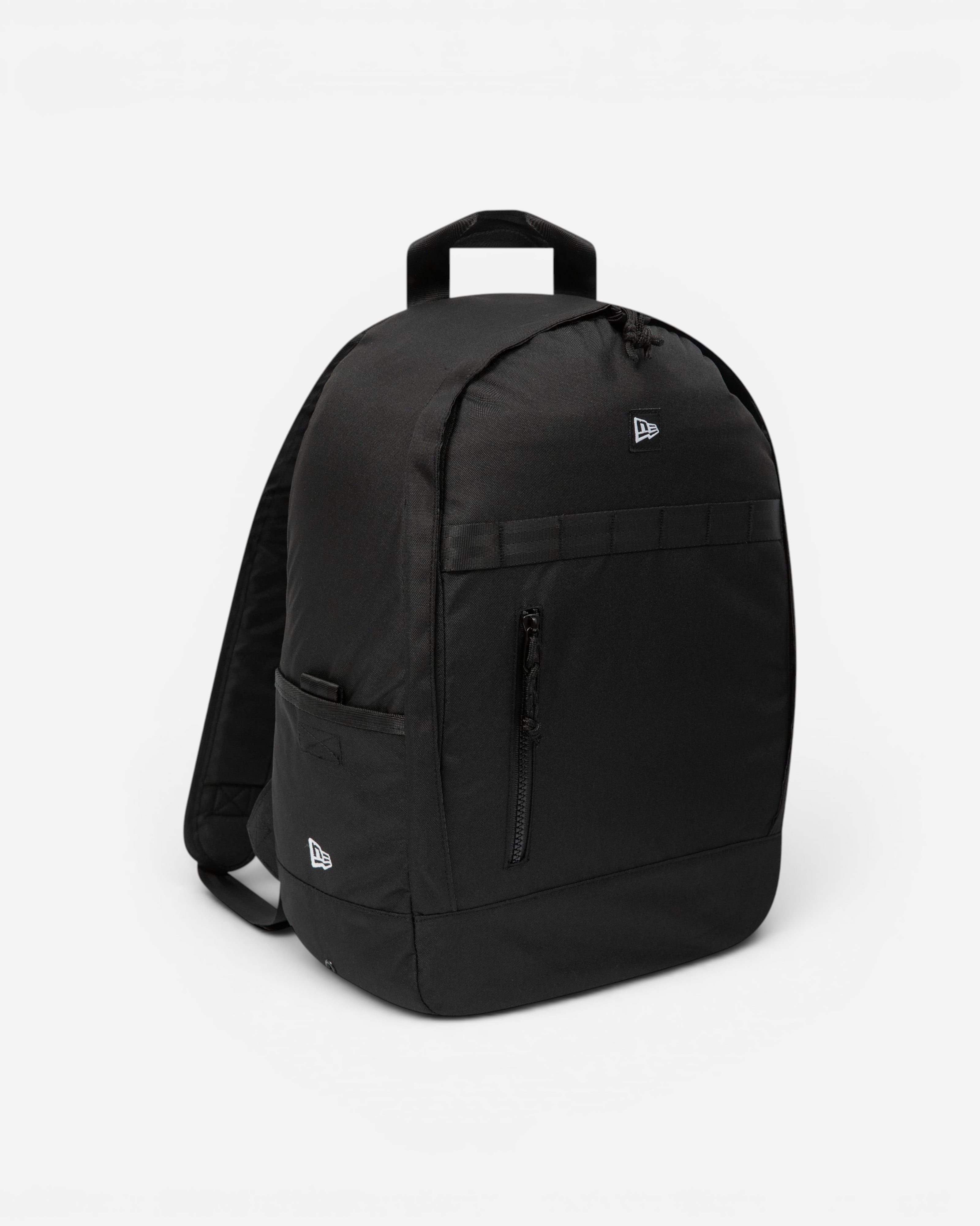 Astrofat black New Era day pack backpack with a front zippered pocket and minimalist logo branding