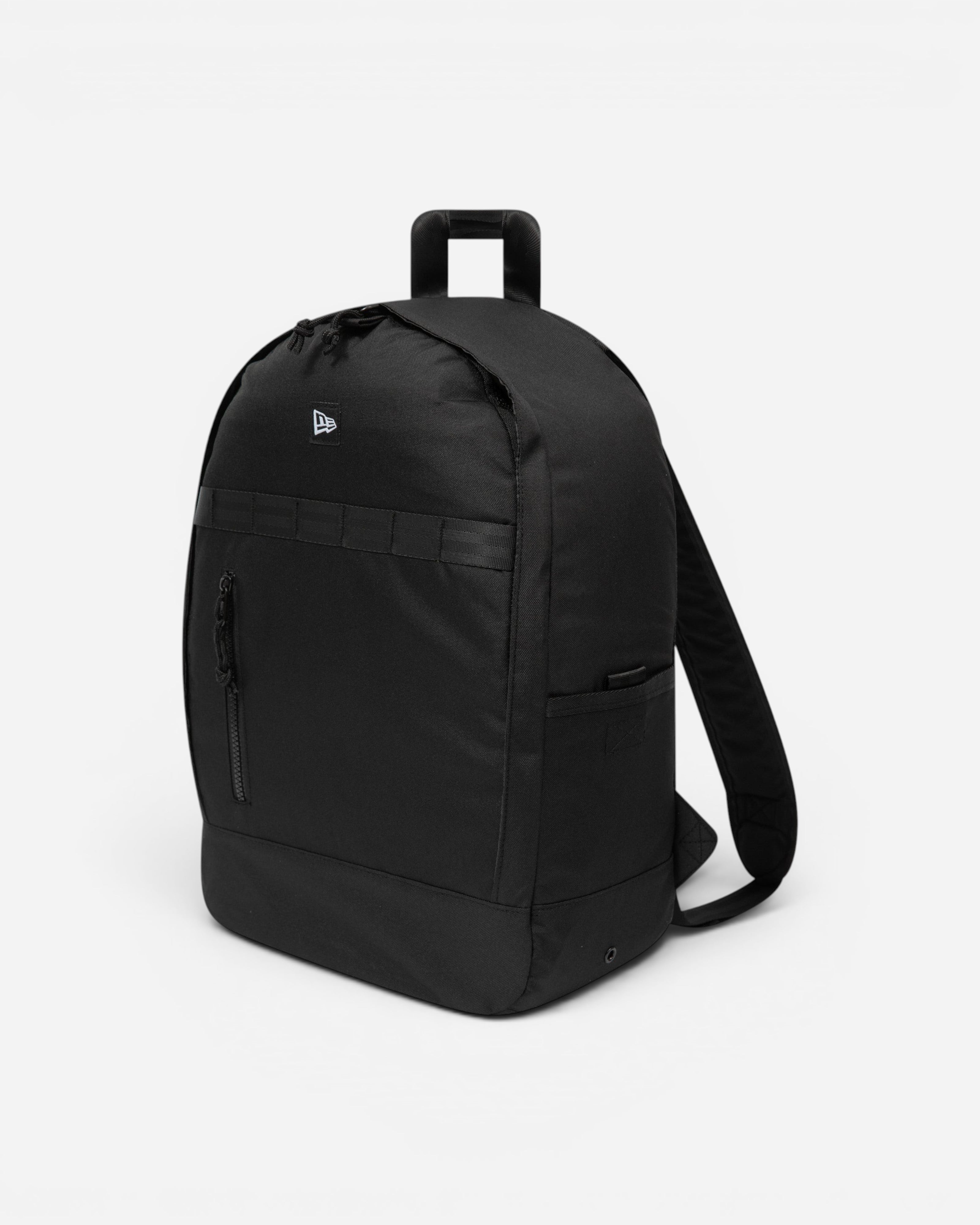 Astrofat New Era black day pack backpack with a front zip pocket and top carry handle on a white background
