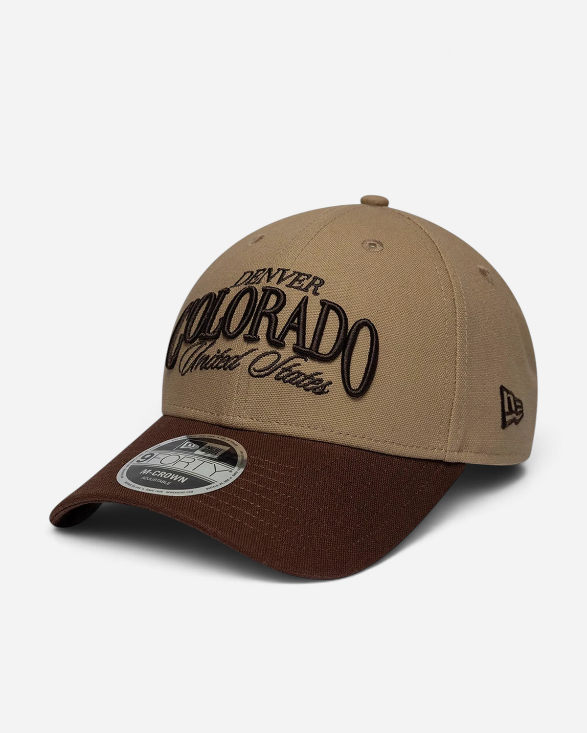 Astrofat New Era 9FORTY M-Crown adjustable cap in beige with a brown curved visor and Denver Colorado embroidery.
