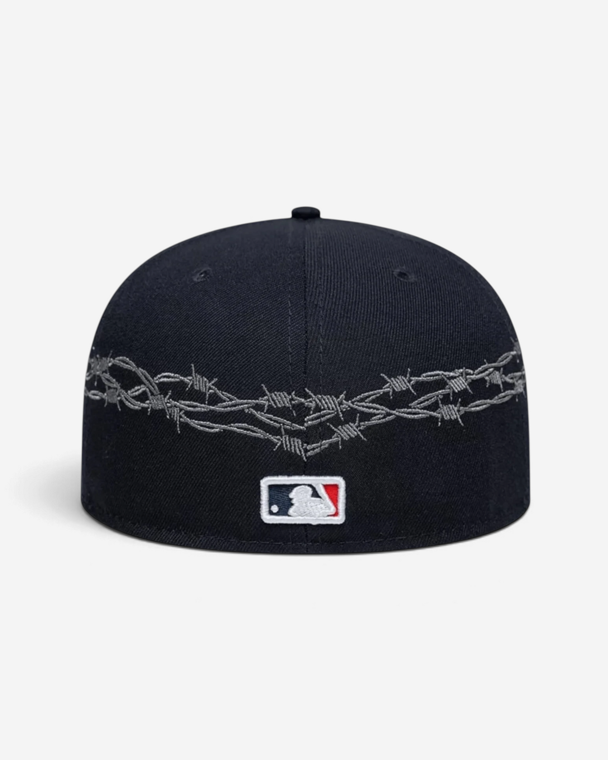 Astrofat navy blue New Era 59FIFTY low profile fitted cap featuring a grey embroidered barbed wire pattern