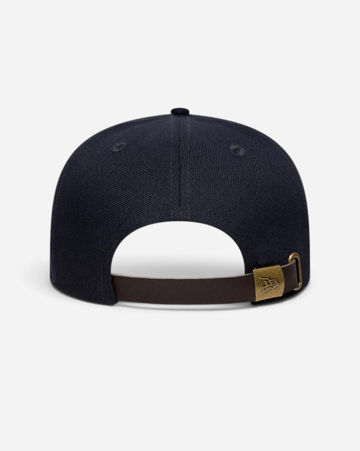 Astrofat 9FIFTY New Era navy blue cap with a brown suede strapback closure and metal hardware, rear view.