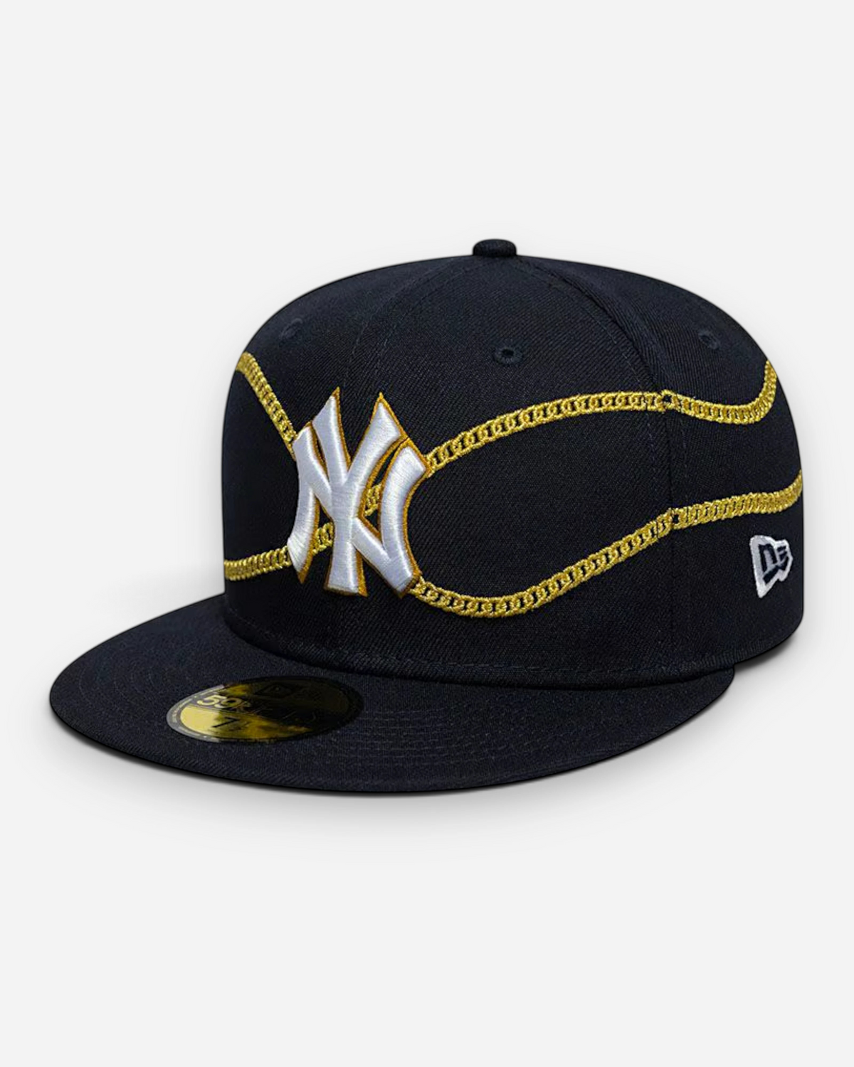 Astrofat navy 59FIFTY fitted New York Yankees cap with gold chain embroidery and white NY logo on a flat visor.