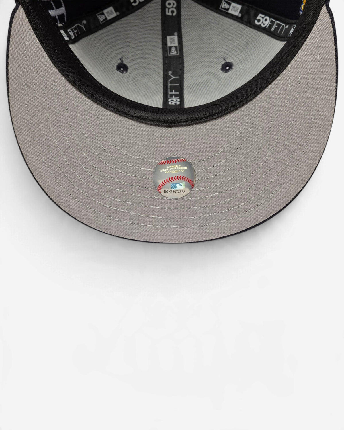 Astrofat New York Yankees 59FIFTY fitted cap interior showing the grey undervisor and official MLB authentication tag