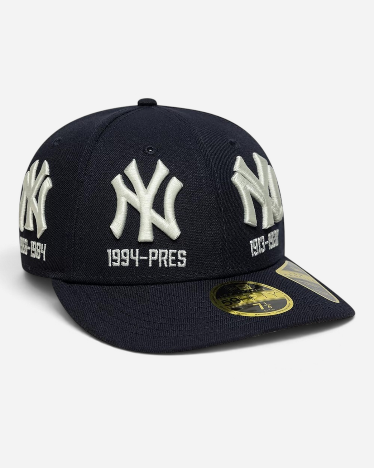 Astrofat navy blue New York Yankees 59FIFTY low profile fitted cap with multiple embroidered team logos and dates.