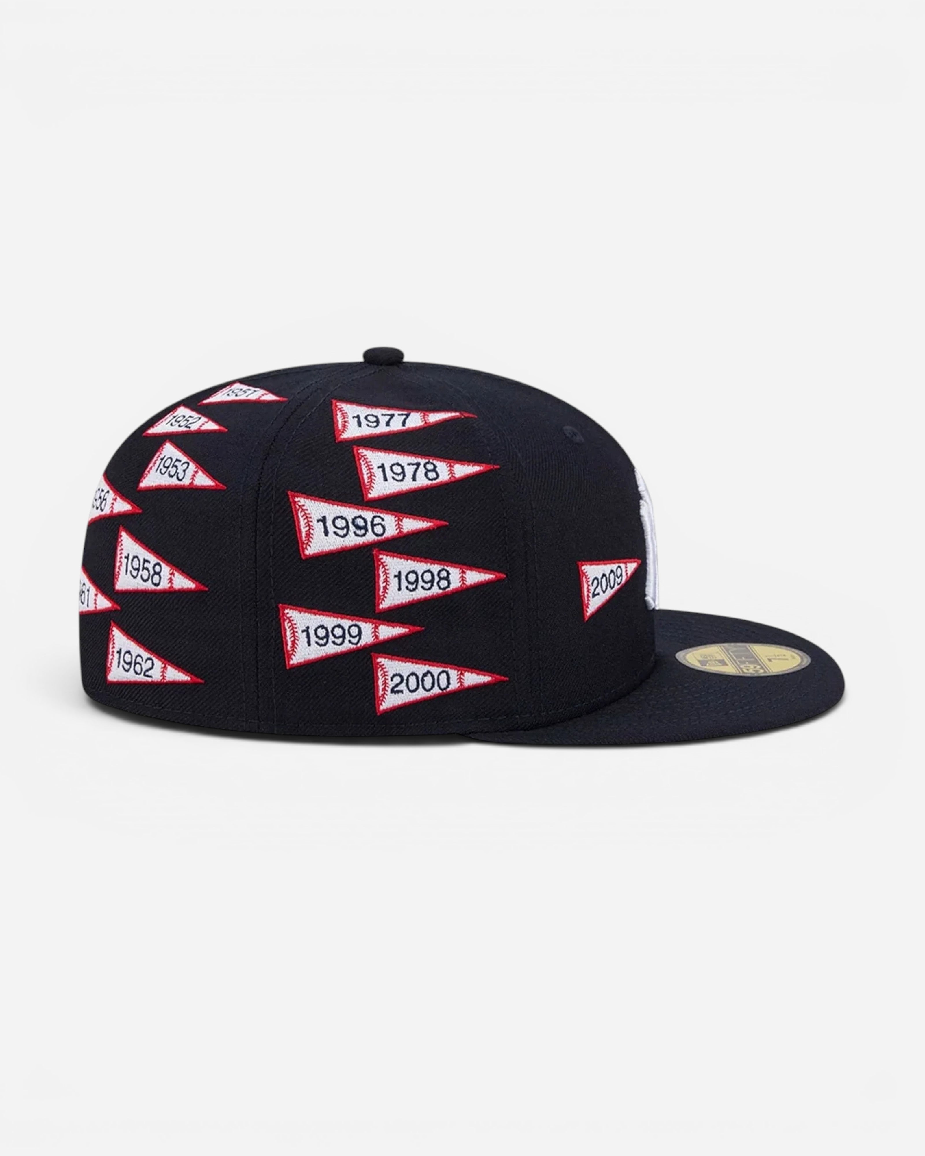 Astrofat New York Yankees 59FIFTY fitted cap in navy blue with embroidered championship year pennant patches
