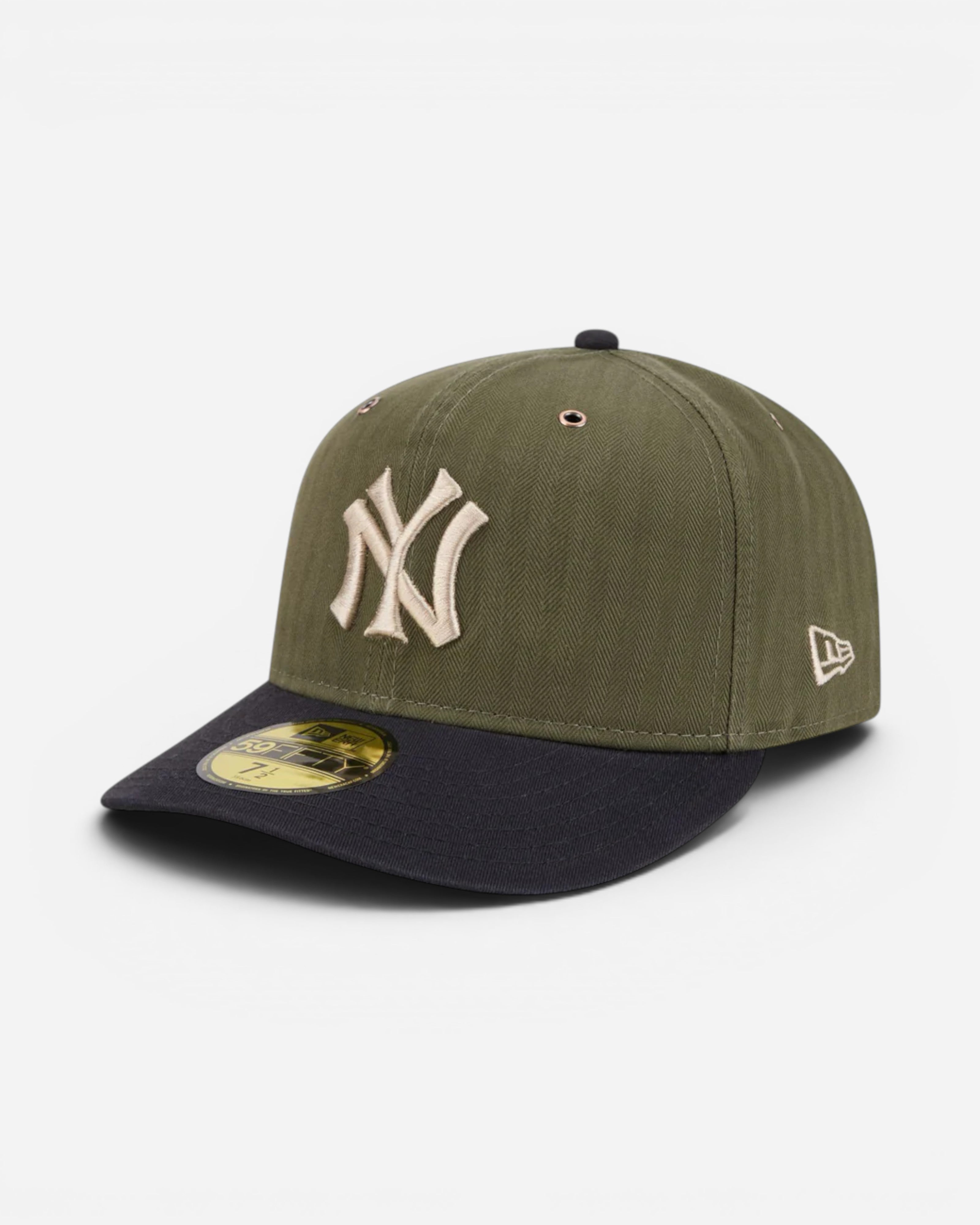 Astrofat New York Yankees fitted cap in olive green herringbone with a black brim and embroidered NY logo.